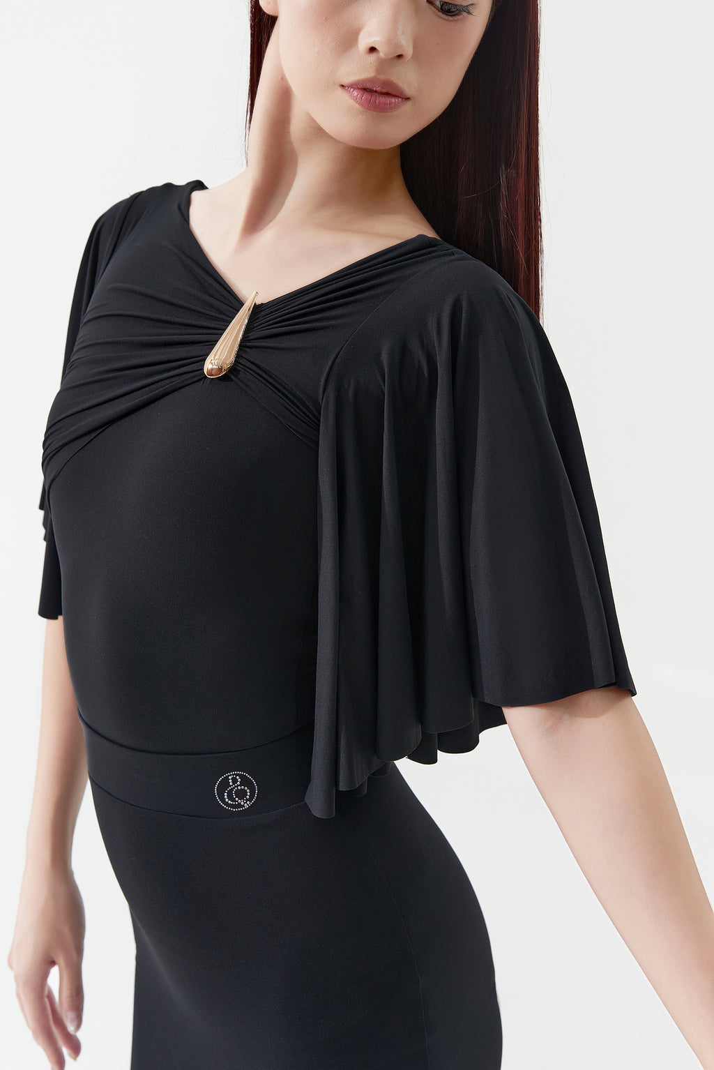 DANCE QUEEN 1172 Black Logo Pleats Buttons Sleeves Leotard