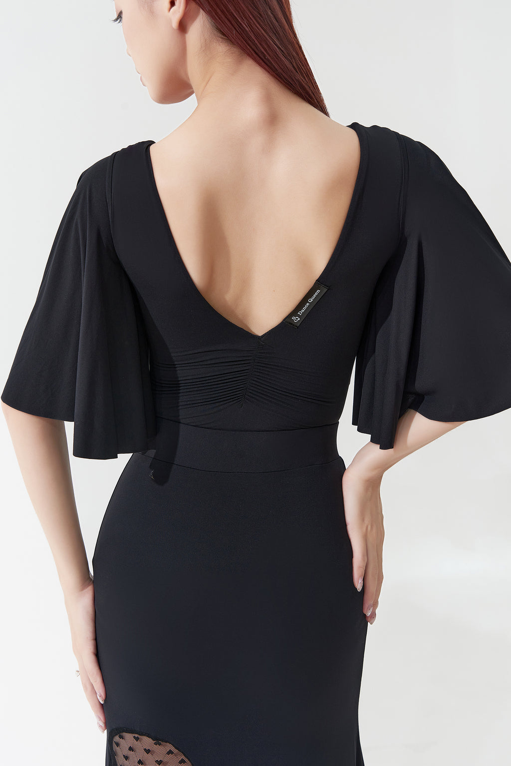 DANCE QUEEN 1172 Black Logo Pleats Buttons Sleeves Leotard