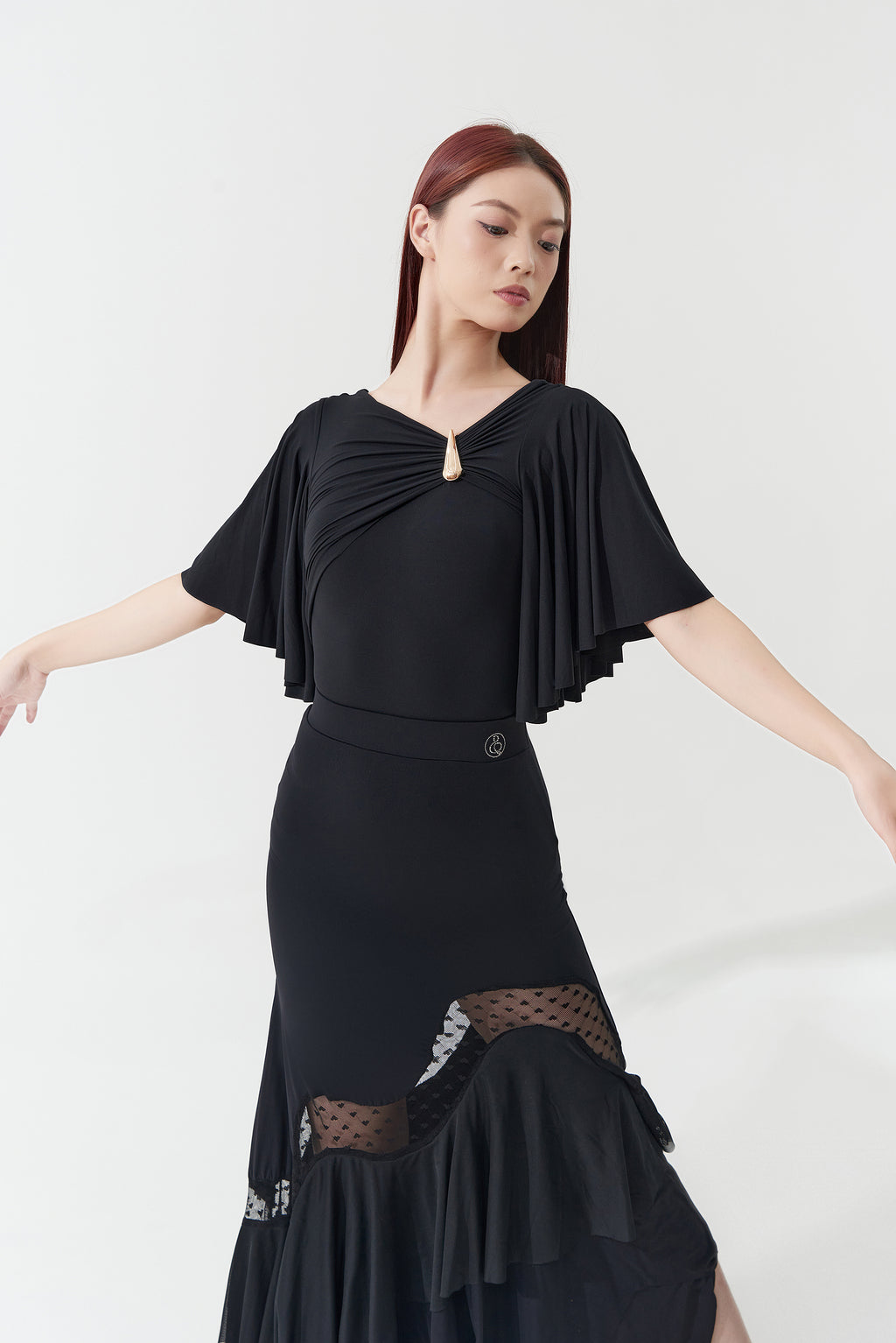 DANCE QUEEN 1172 Black Logo Pleats Buttons Sleeves Leotard