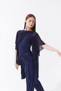 DQ1173-2 Navy Leotard – Crystal logo, front pleats, mesh open back, butterfly sleeves. Exclusive Edition.