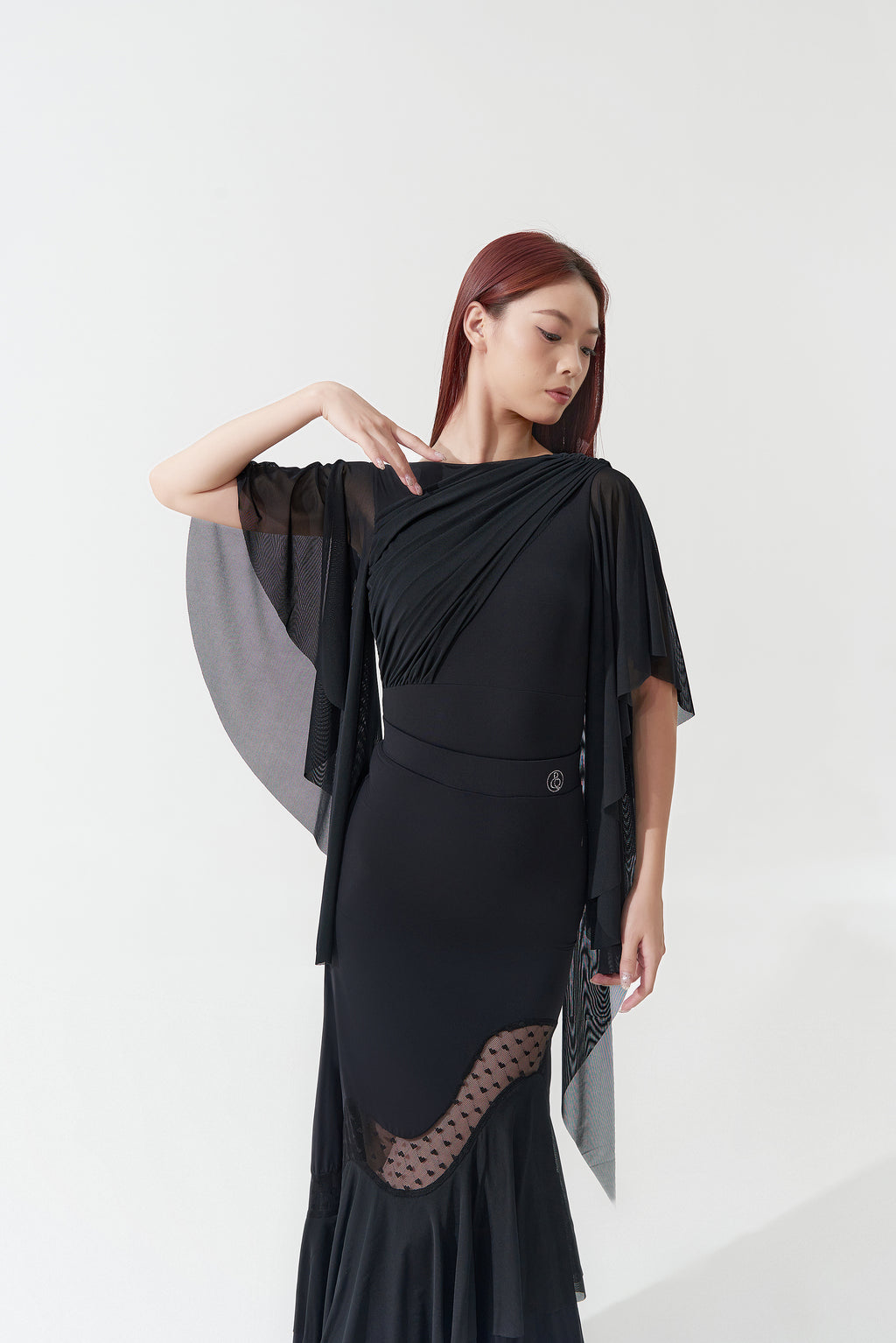DANCE QUEEN 1173 Black Logo Front Pleats Mesh Back Sleeves Leotard