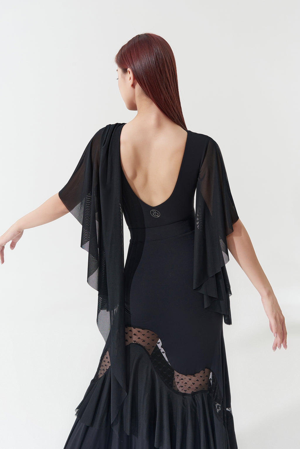 DANCE QUEEN 1173 Black Logo Front Pleats Mesh Back Sleeves Leotard