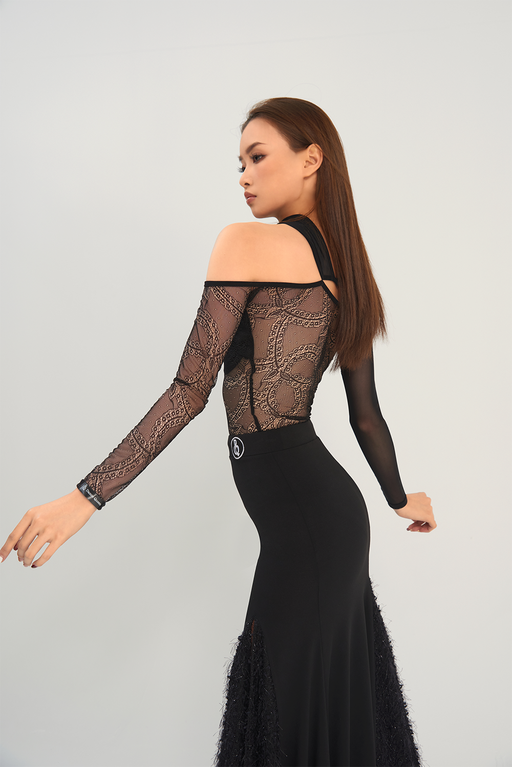 DANCE QUEEN 666 Black ruffle off shoulder long sleeve leotard