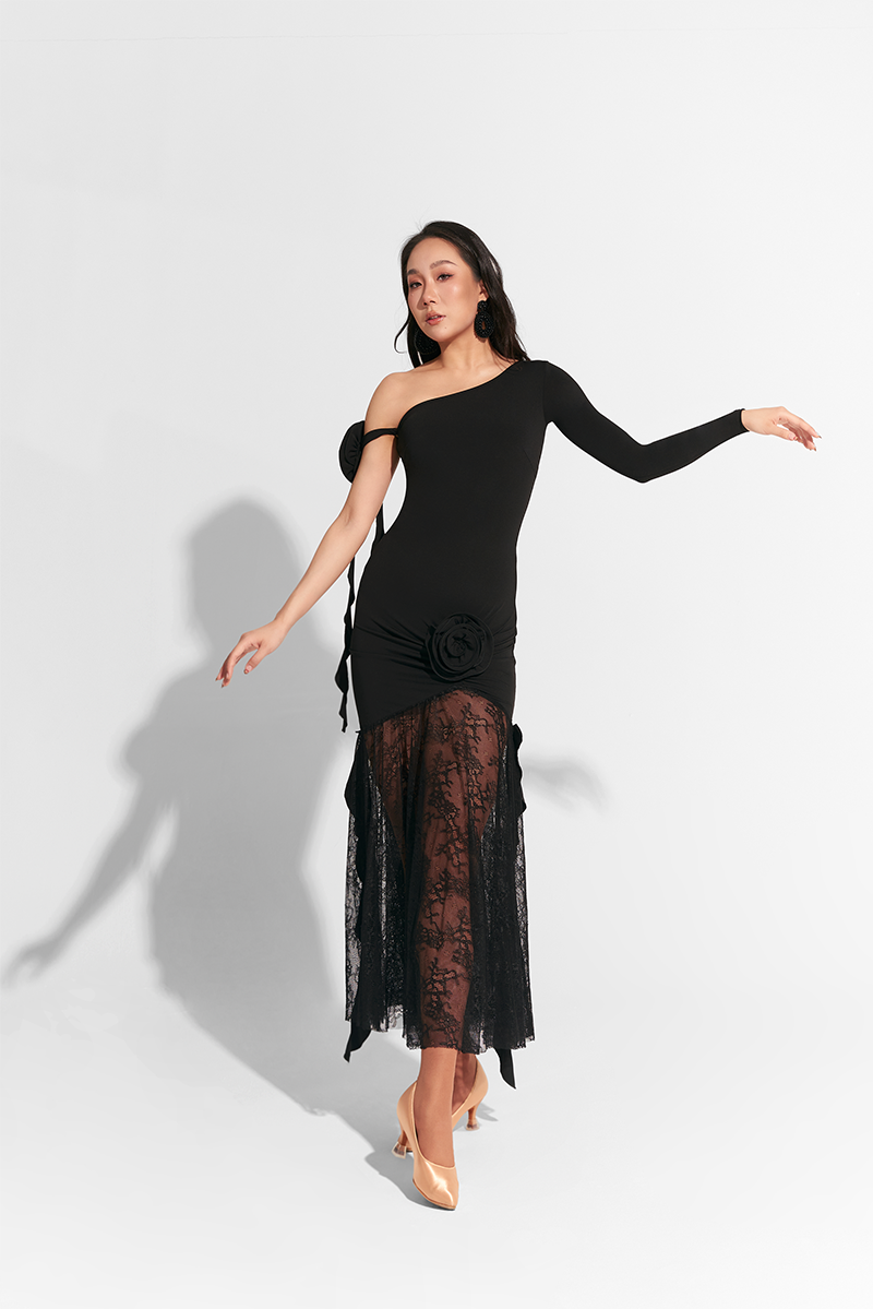 DANCE QUEEN 757-2 Black Off Shoulder Flower Lace Custom Dress