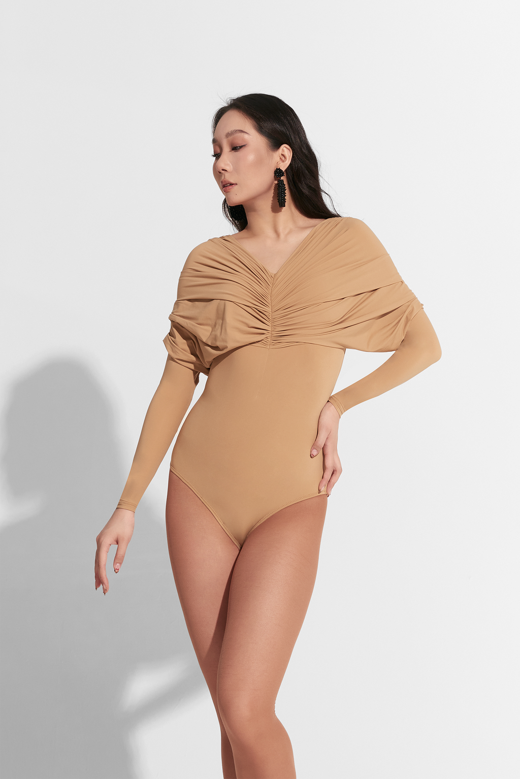 DANCE QUEEN 811-2 Pleated V-neck Long Sleeve Leotard