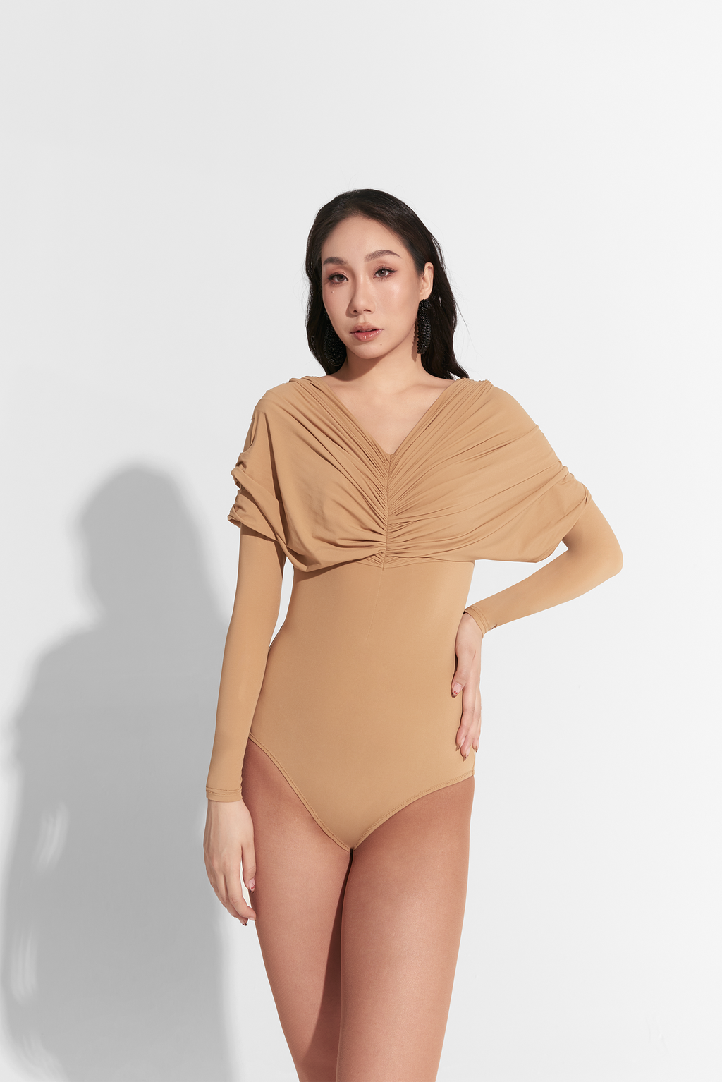 DANCE QUEEN 811-2 Pleated V-neck Long Sleeve Leotard