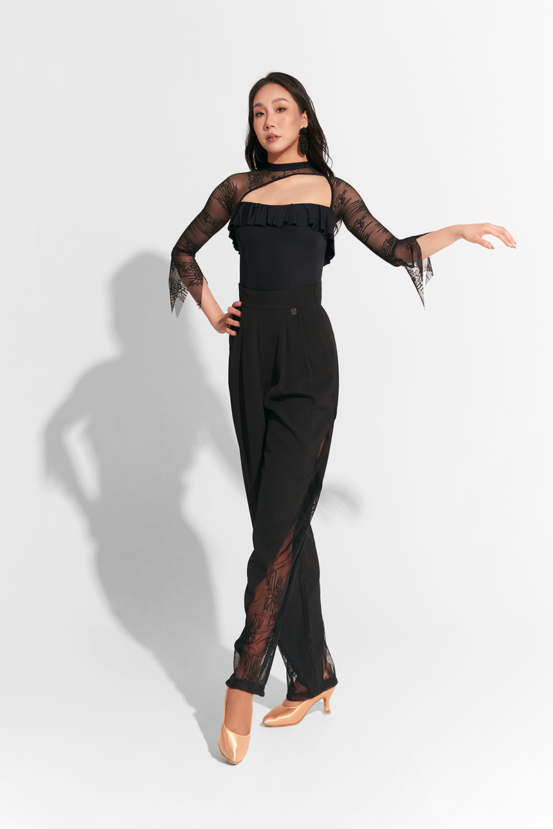 DANCE QUEEN 752-2 Black Hollow Lace Sleeve  Leotard