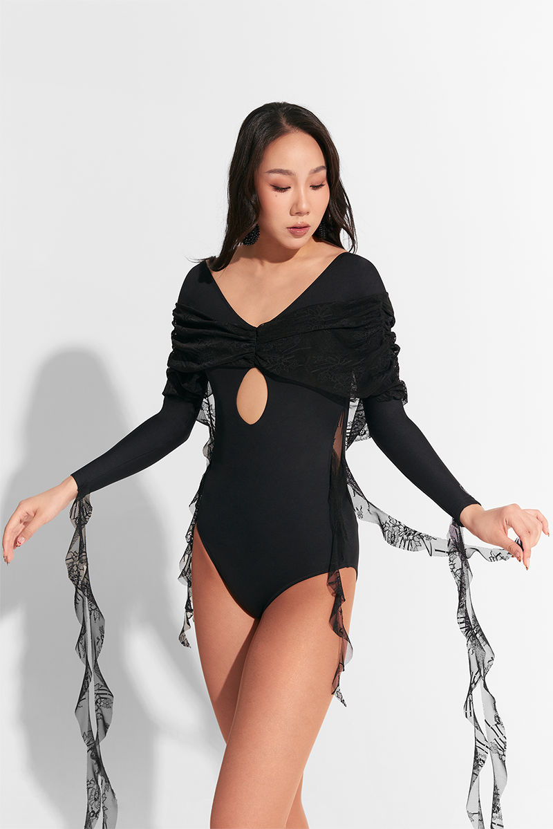 DANCE QUEEN 790 Black Hollow Ruffle Lace Float  Leotard