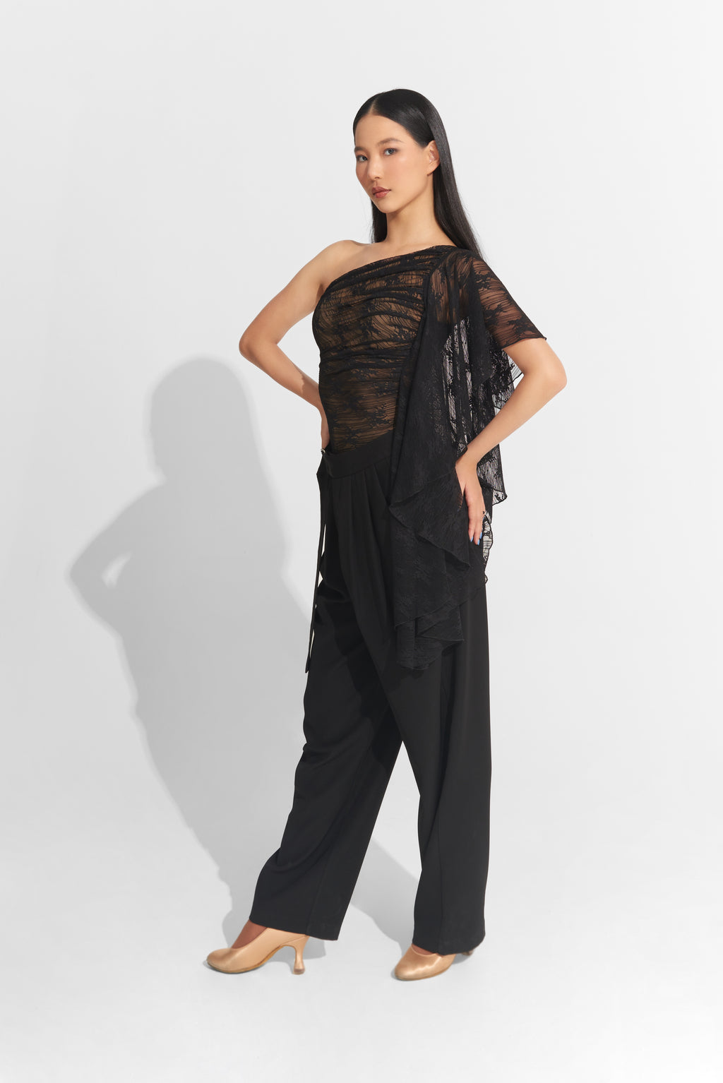 DANCE QUEEN 703-9 Black New Lace Off Shoulder Ballroom Practice Leotard