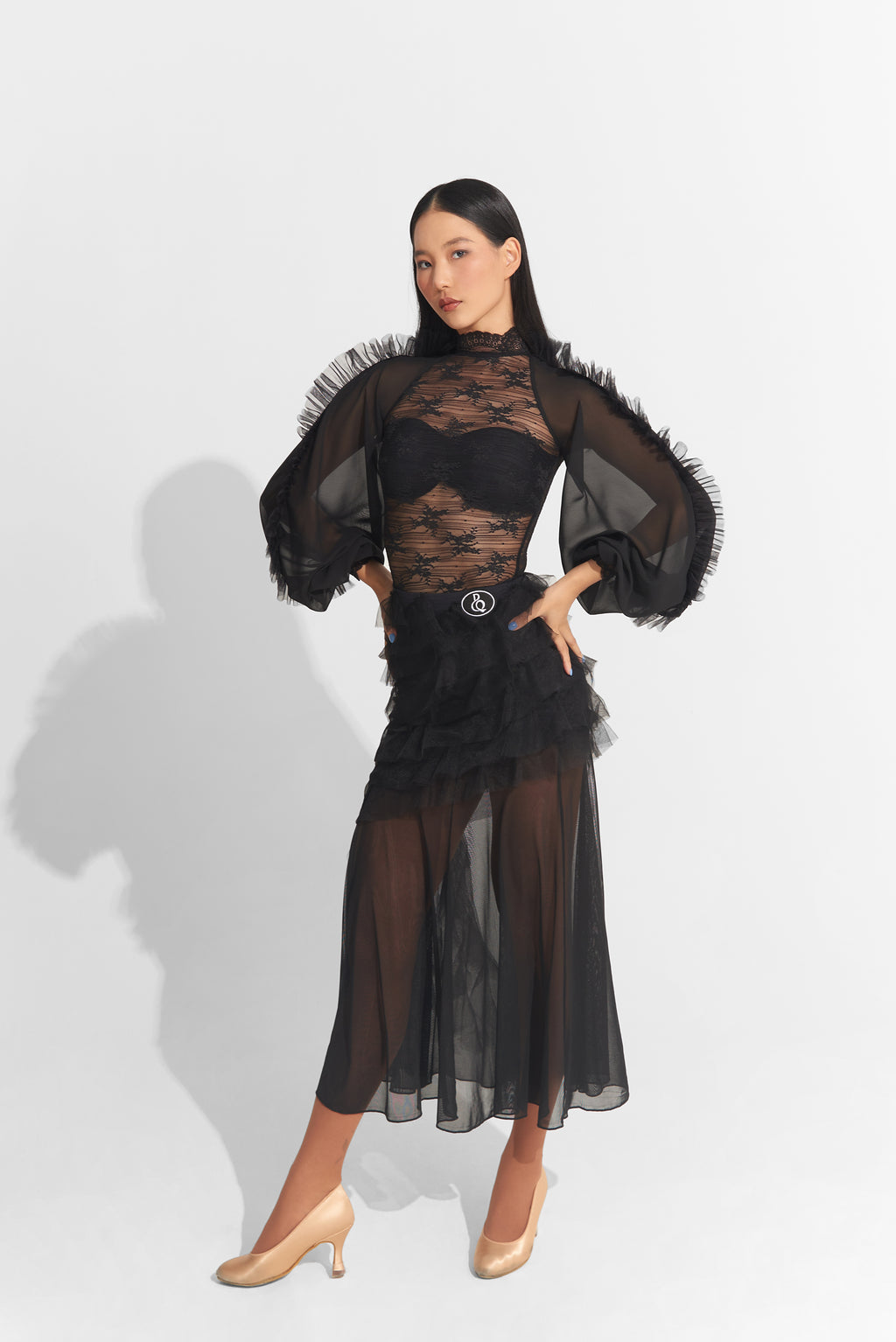 DANCE QUEEN 1012 Black New Lace Long Sleeve Ballroom Practice Leotard