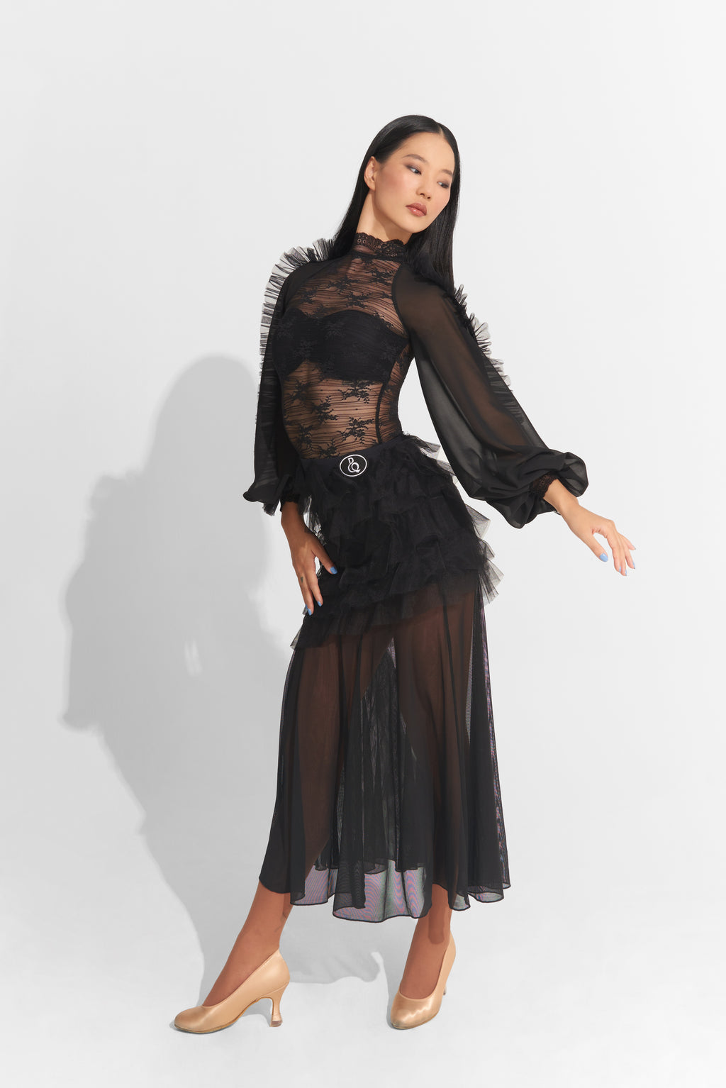 DANCE QUEEN 1012 Black New Lace Long Sleeve Ballroom Practice Leotard