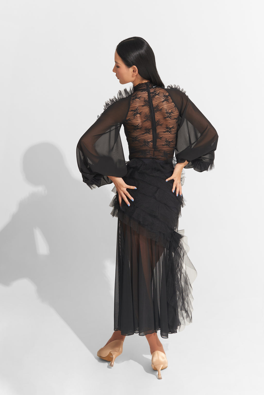 DANCE QUEEN 1012 Black New Lace Long Sleeve Ballroom Practice Leotard