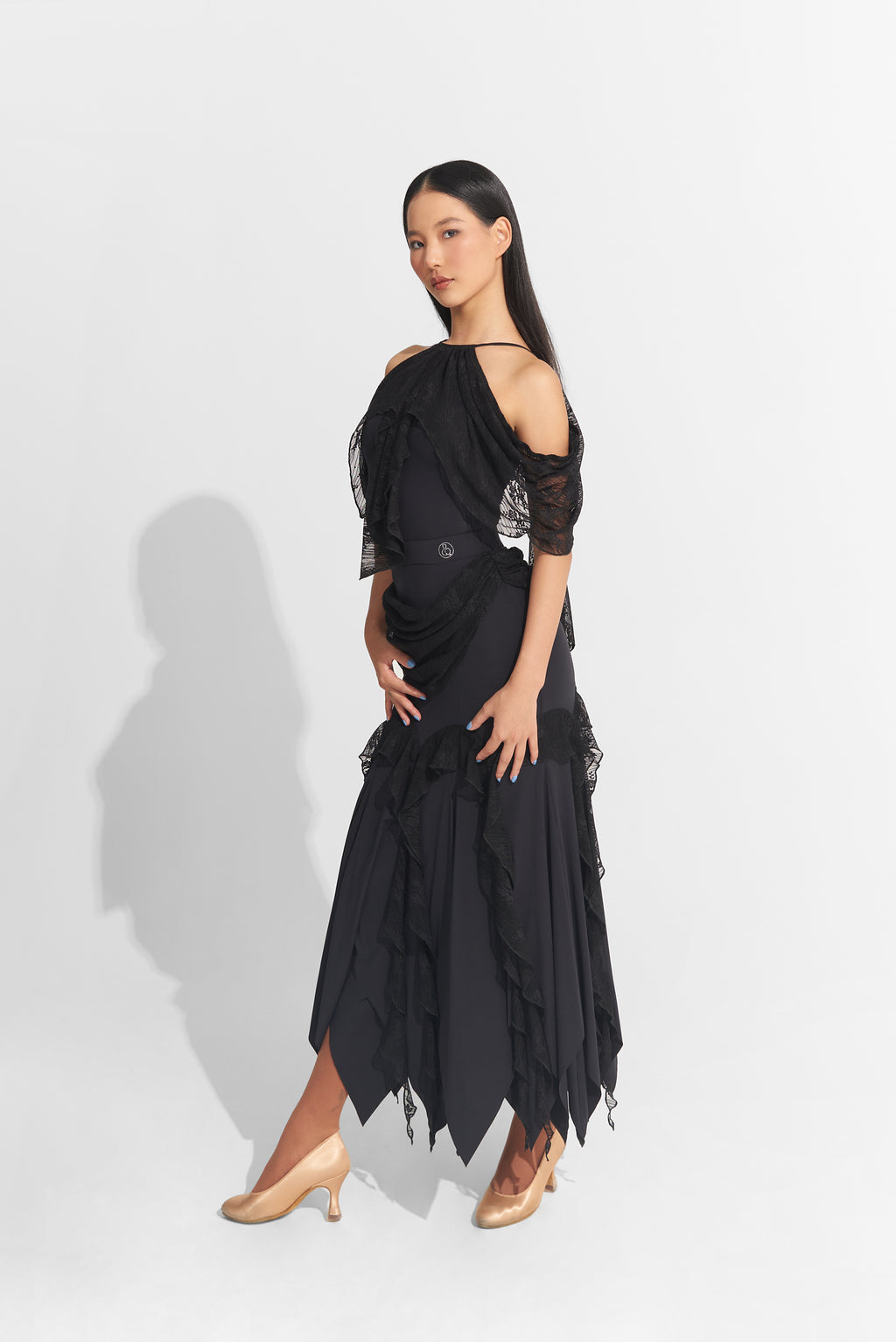 DANCE QUEEN 1009-1 Black Lace Off Shoulder Ballroom Practice Leotard
