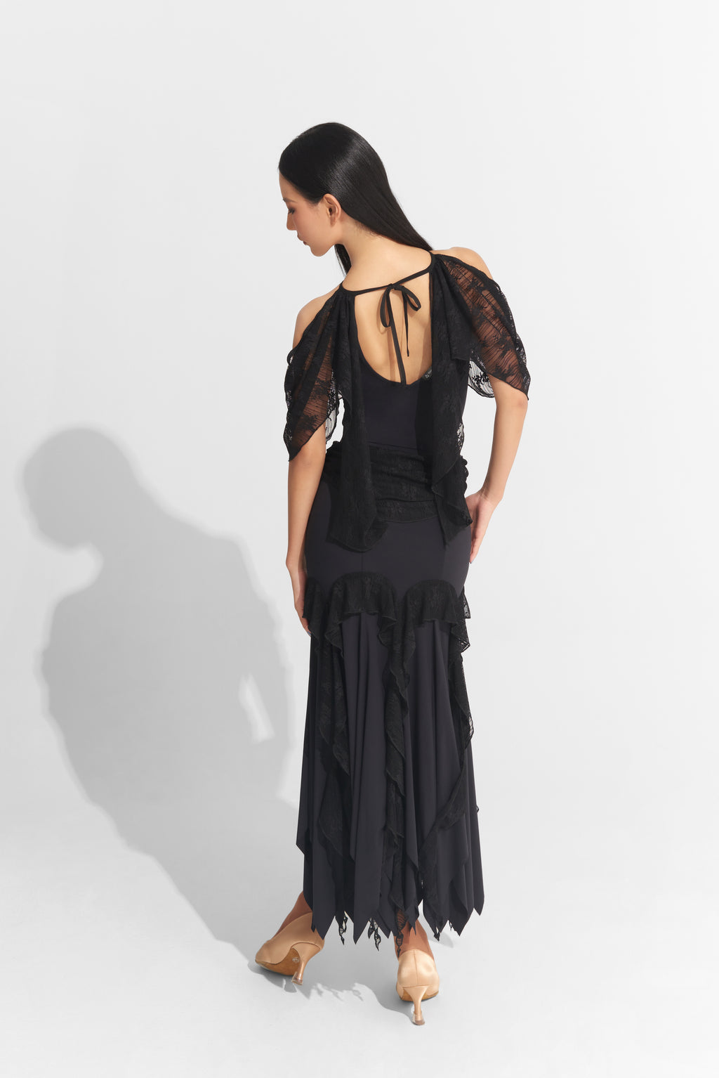 DANCE QUEEN 1009-1 Black Lace Off Shoulder Ballroom Practice Leotard