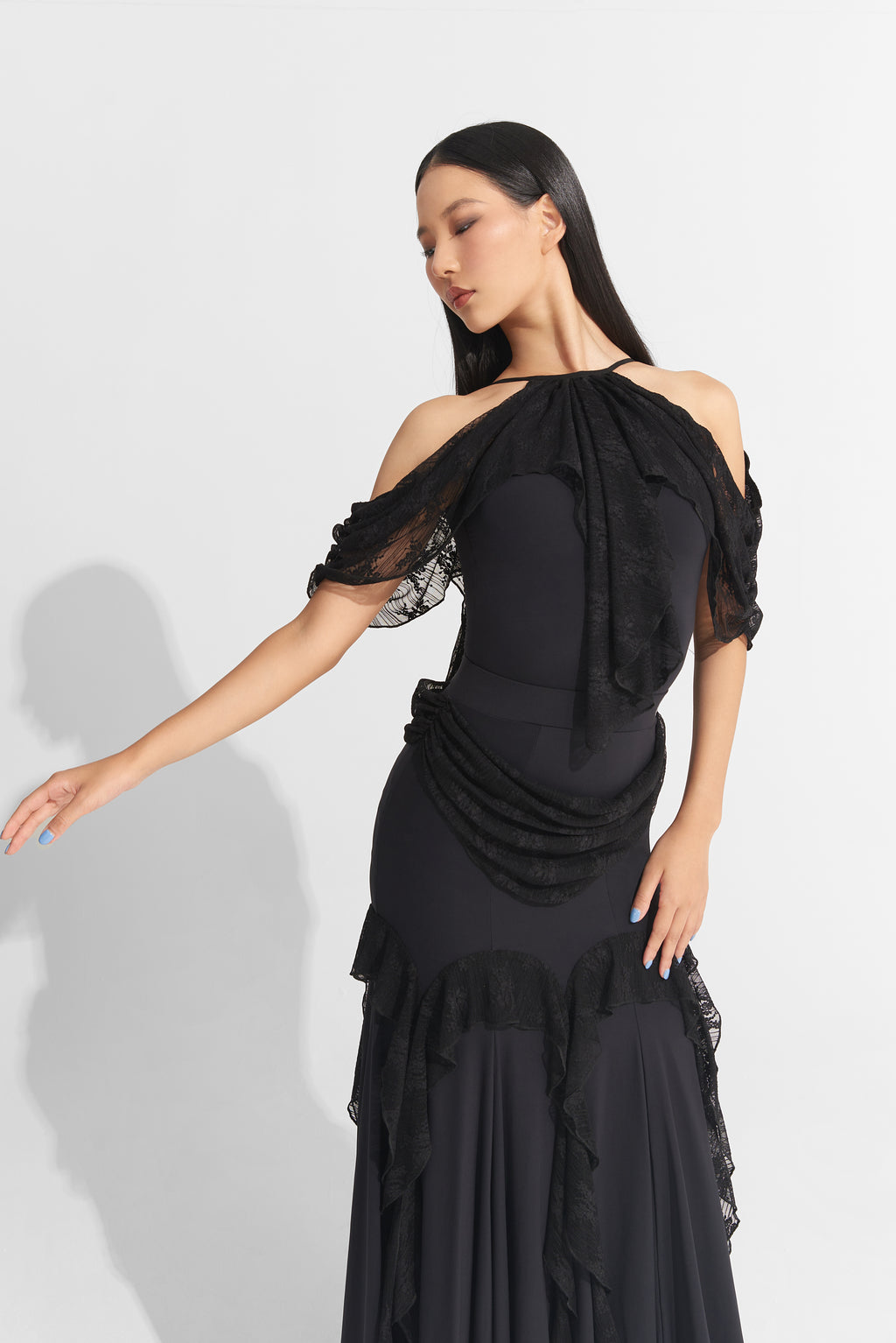 DANCE QUEEN 1009-1 Black Lace Off Shoulder Ballroom Practice Leotard