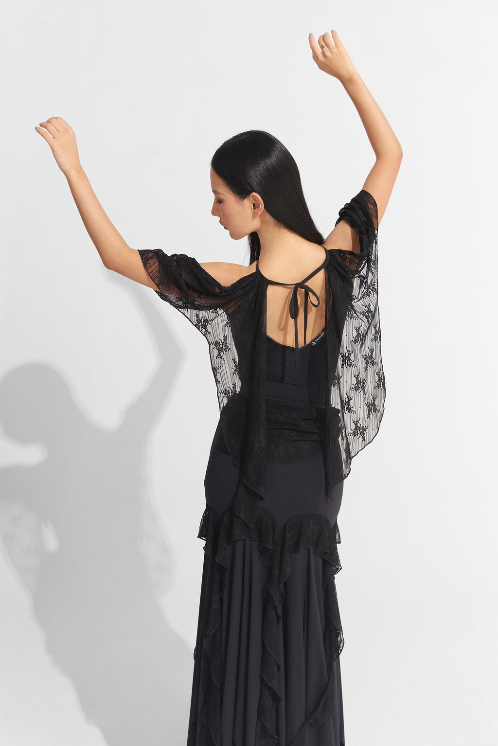 DANCE QUEEN 1009-1 Black Lace Off Shoulder Ballroom Practice Leotard