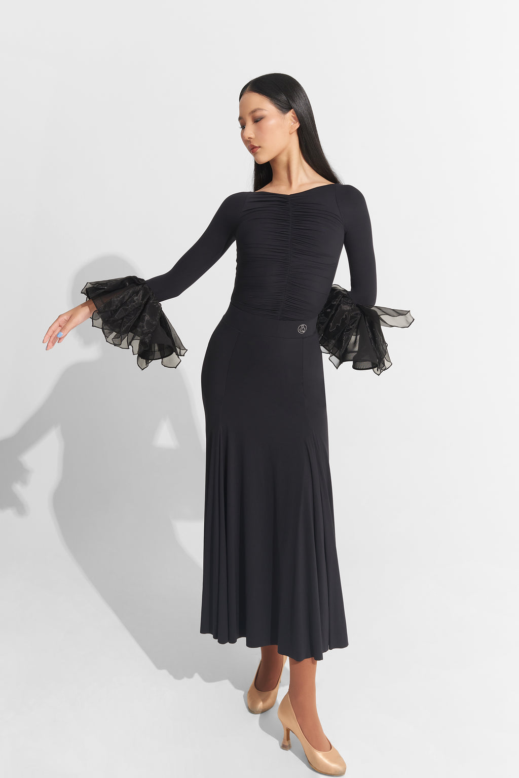 DANCE QUEEN 1010 Black Bell Sleeve Ballroom Practice Leotard
