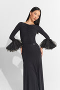 DANCE QUEEN 1010 Black Bell Sleeve Ballroom Practice Leotard