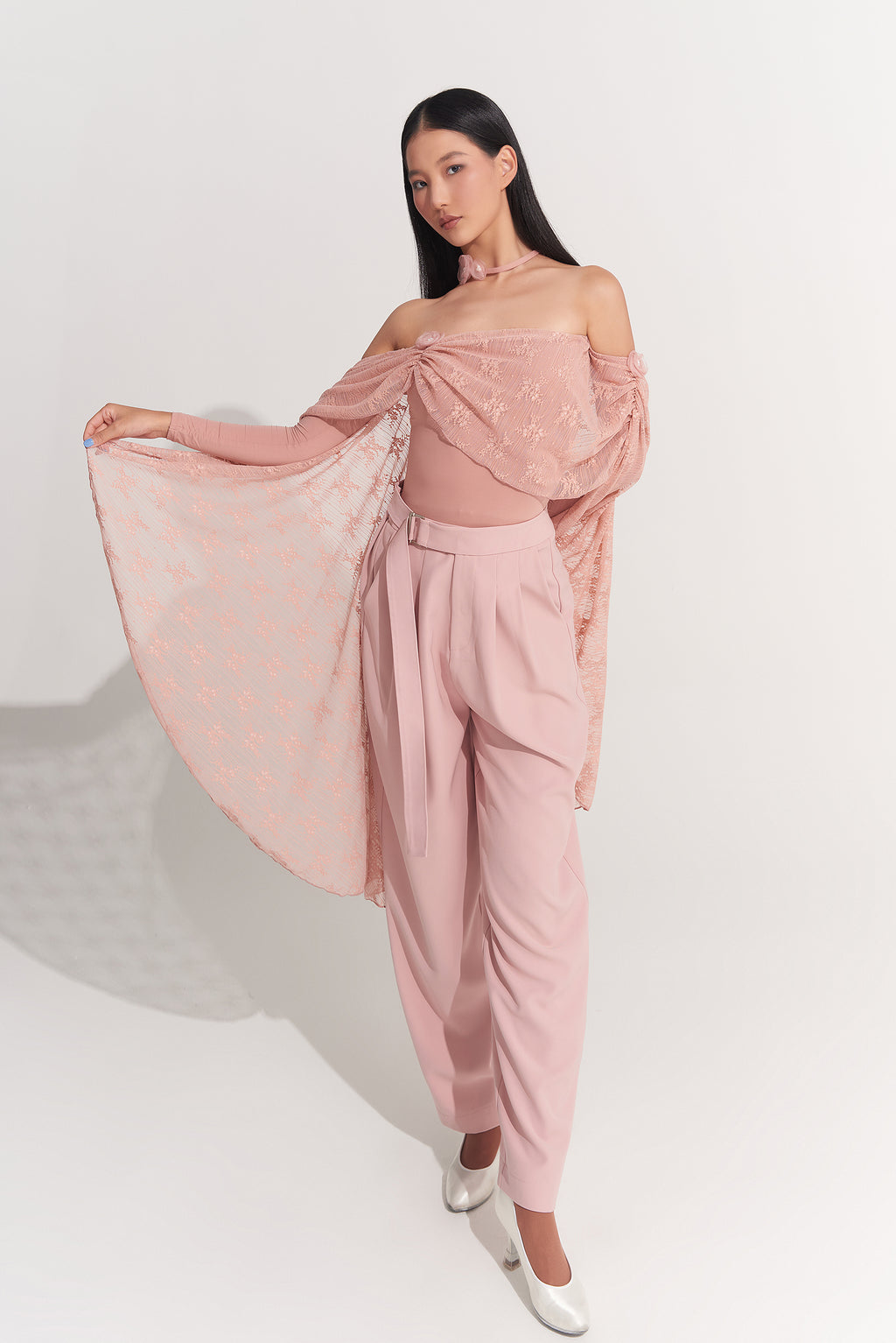DANCE QUEEN 925-6 Peach Pink Lace Off Shoulder Ballroom Practice Leotard