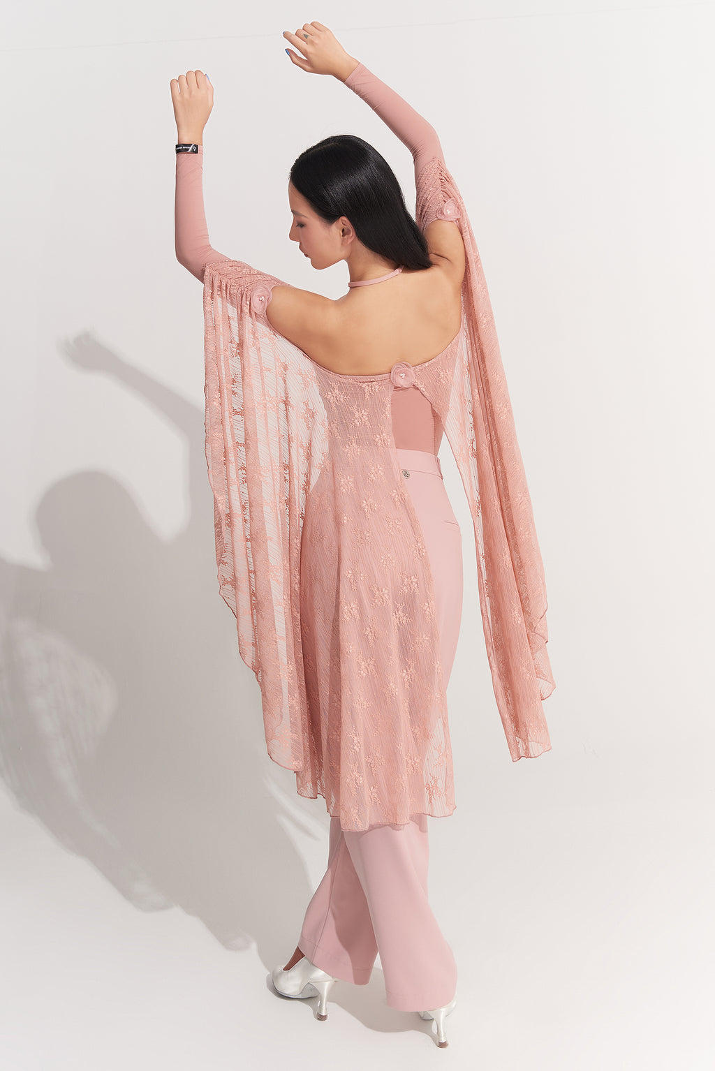 DANCE QUEEN 925-6 Peach Pink Lace Off Shoulder Ballroom Practice Leotard