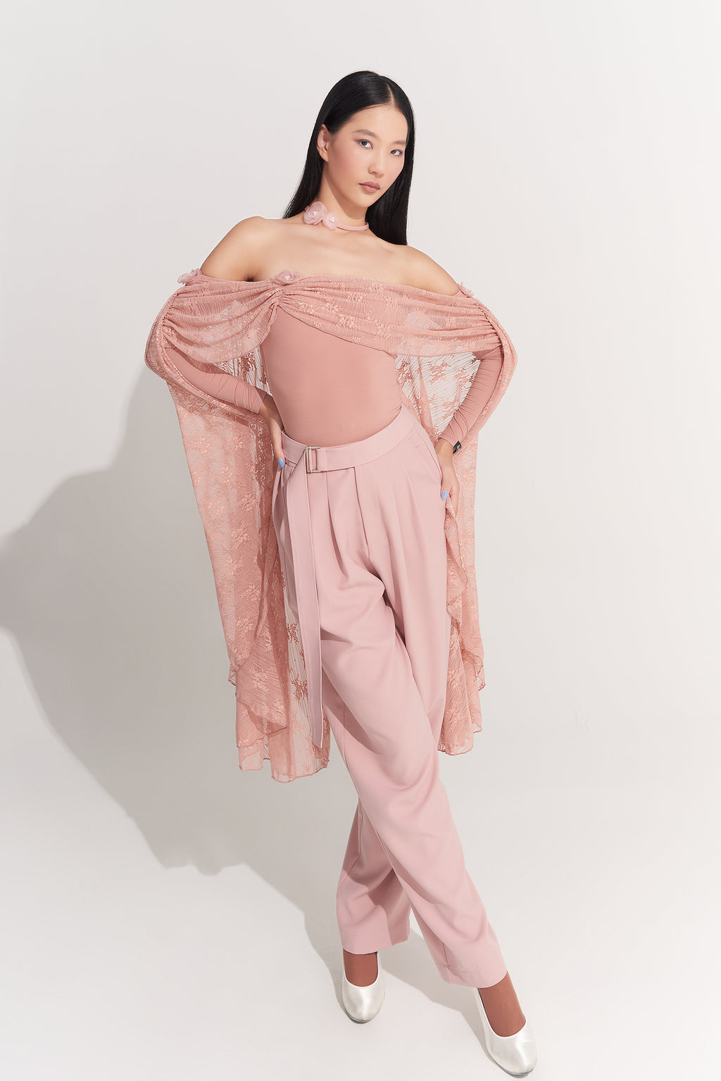 DANCE QUEEN 925-6 Peach Pink Lace Off Shoulder Ballroom Practice Leotard