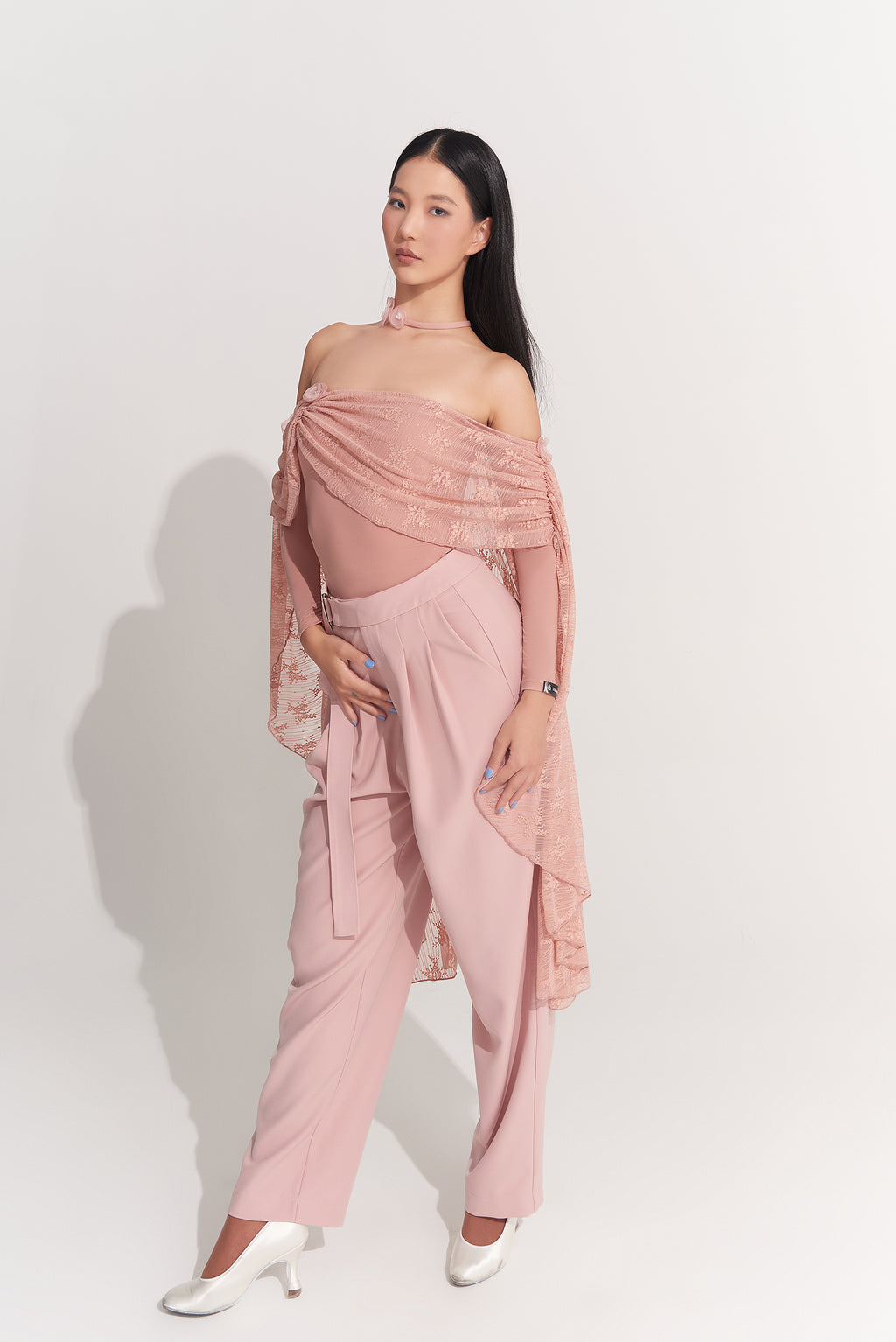 DANCE QUEEN 925-6 Peach Pink Lace Off Shoulder Ballroom Practice Leotard