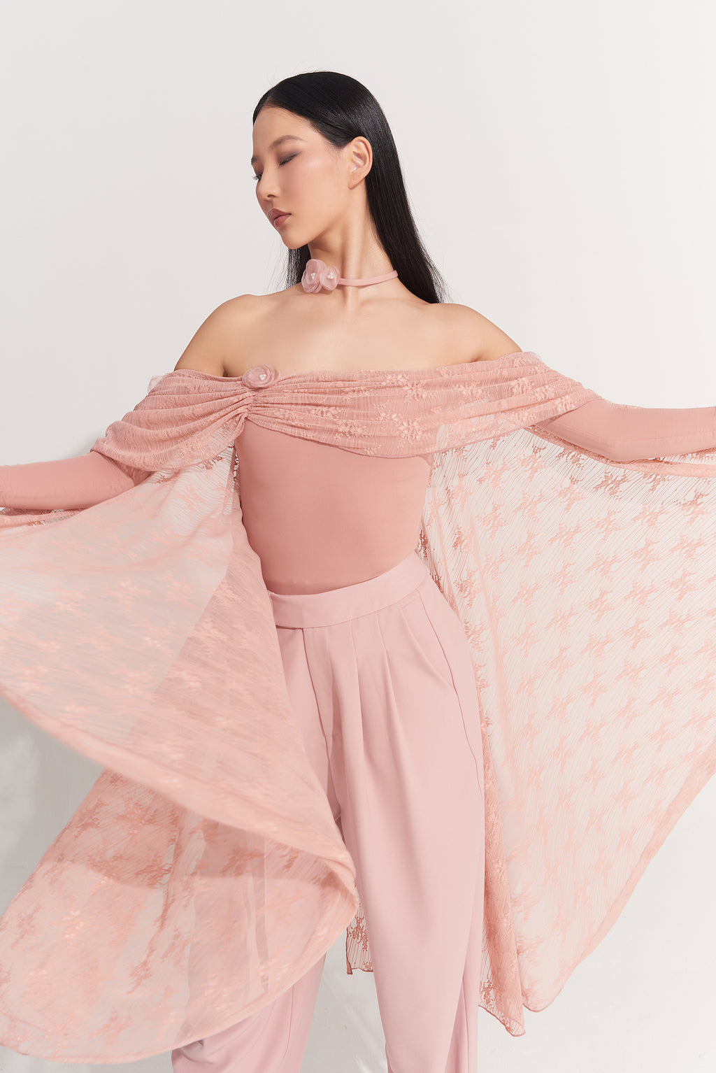 DANCE QUEEN 925-6 Peach Pink Lace Off Shoulder Ballroom Practice Leotard