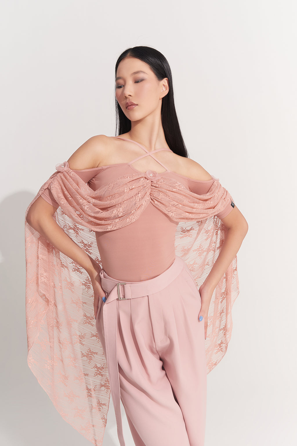 DANCE QUEEN 926-4 Peach Pink Lace Ballroom Practice Leotard