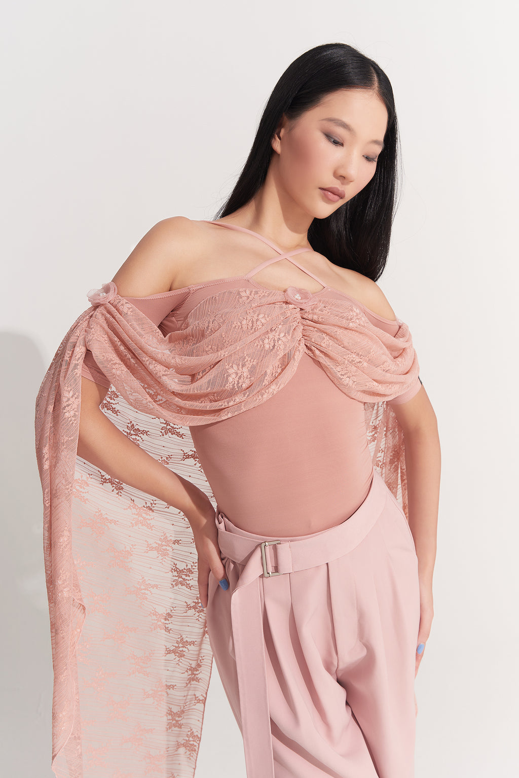 DANCE QUEEN 926-4 Peach Pink Lace Ballroom Practice Leotard