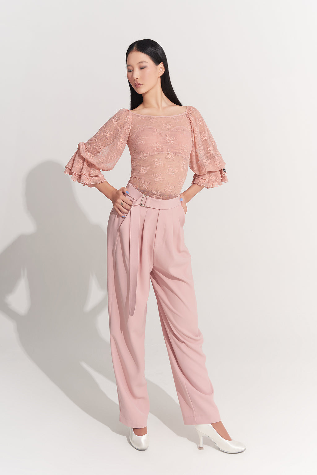 DANCE QUEEN 433-6 Peach Pink Lantern Sleeve Ballroom Practice Leotard