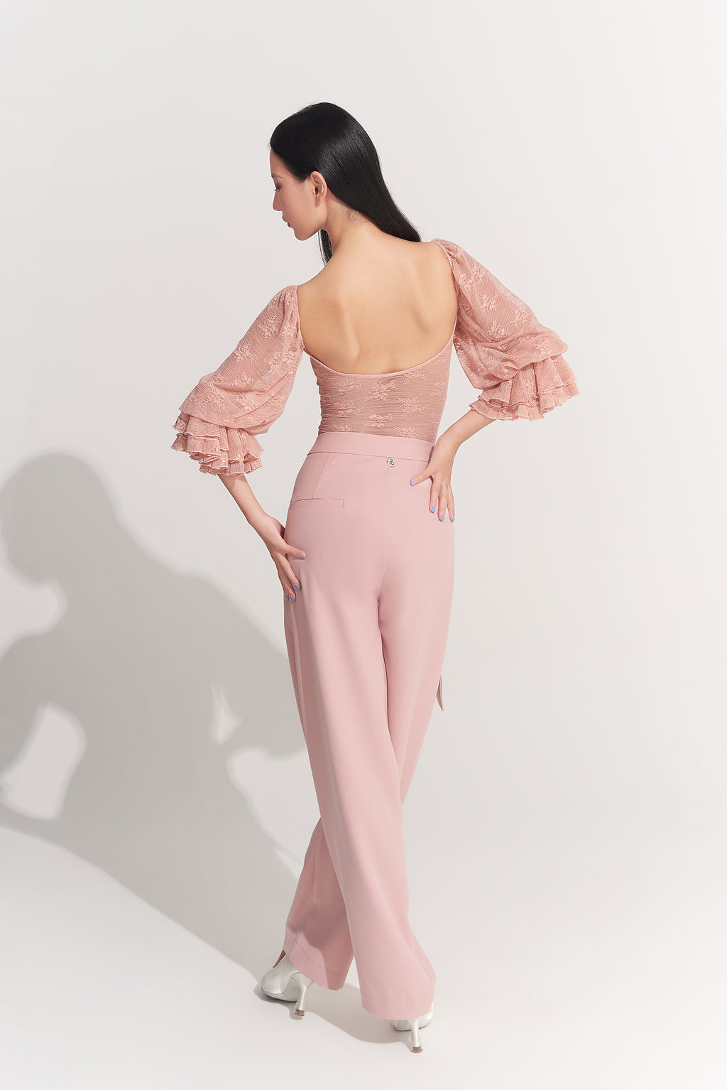 DANCE QUEEN 433-6 Peach Pink Lantern Sleeve Ballroom Practice Leotard