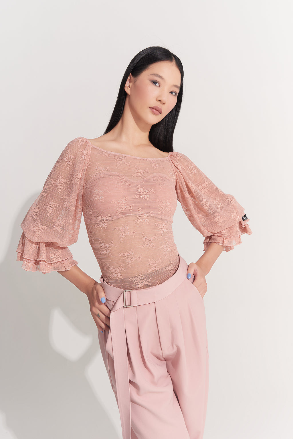 DANCE QUEEN 433-6 Peach Pink Lantern Sleeve Ballroom Practice Leotard