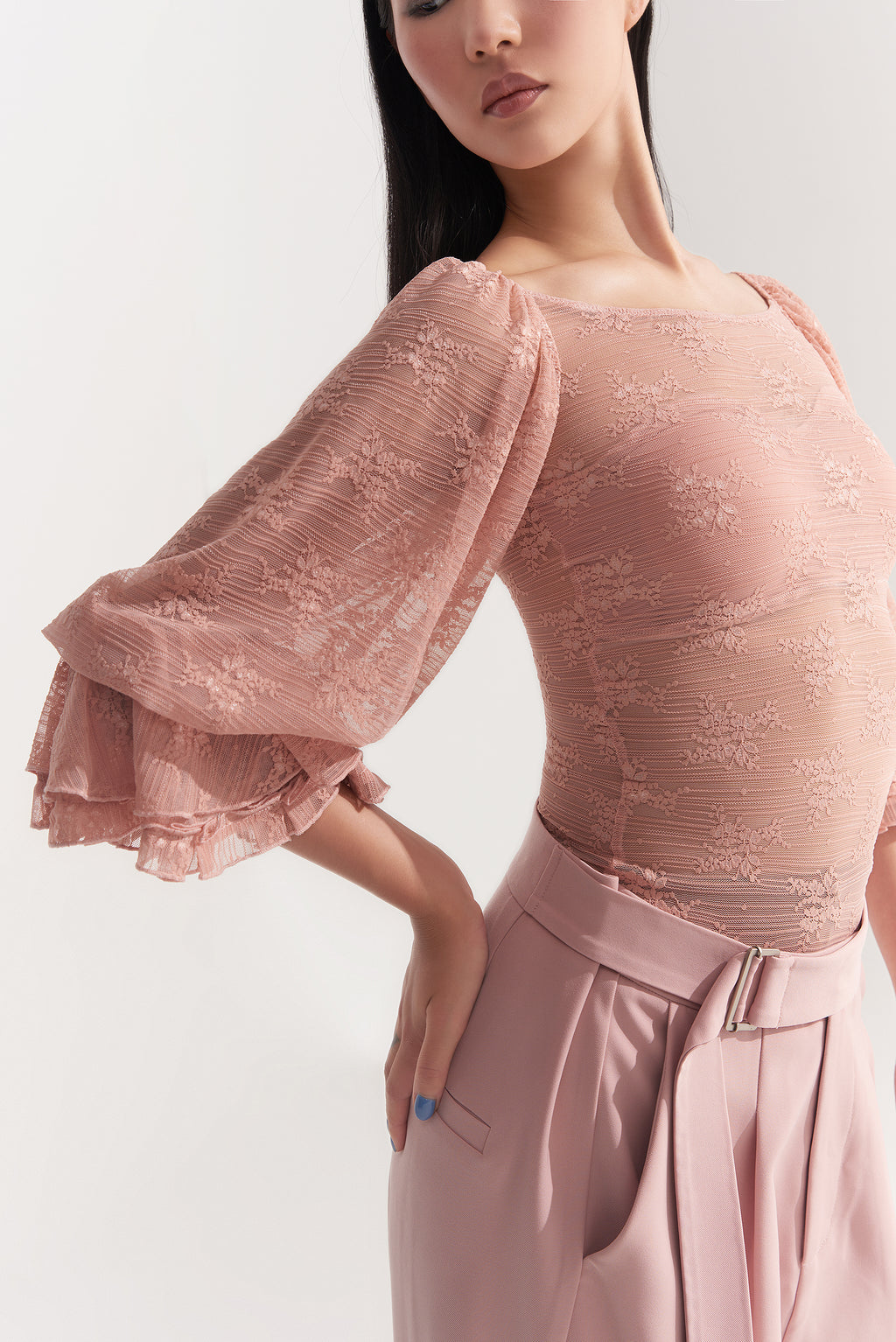 DANCE QUEEN 433-6 Peach Pink Lantern Sleeve Ballroom Practice Leotard