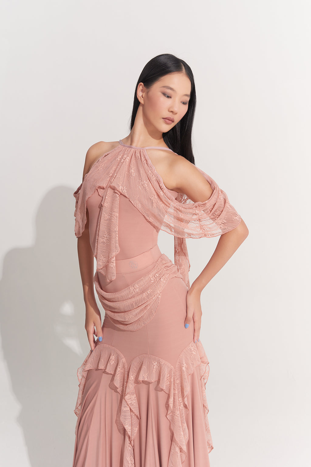 DANCE QUEEN 1009-3 Peach Pink High Neck Ballroom Practice Leotard
