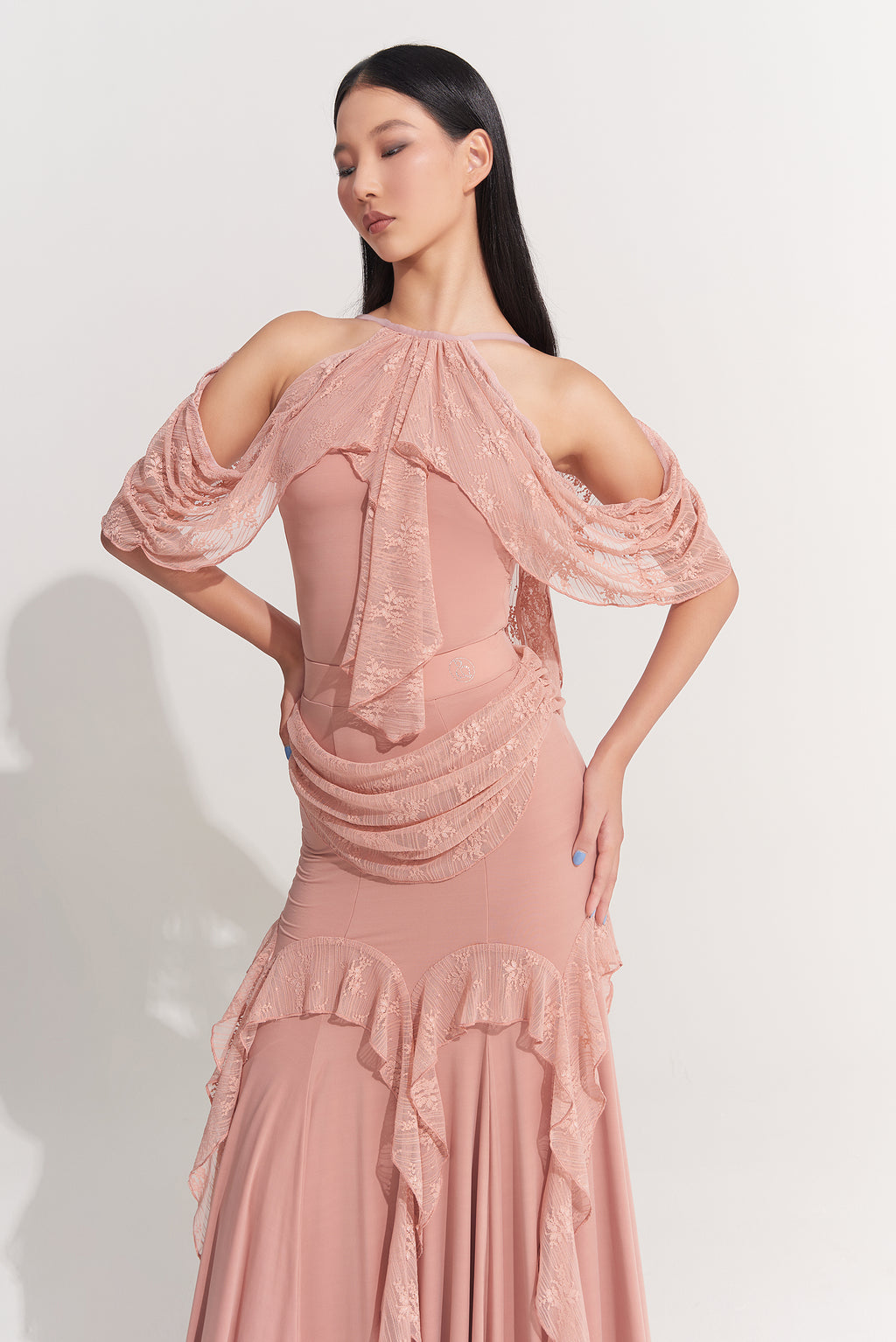 DANCE QUEEN 1009-3 Peach Pink High Neck Ballroom Practice Leotard