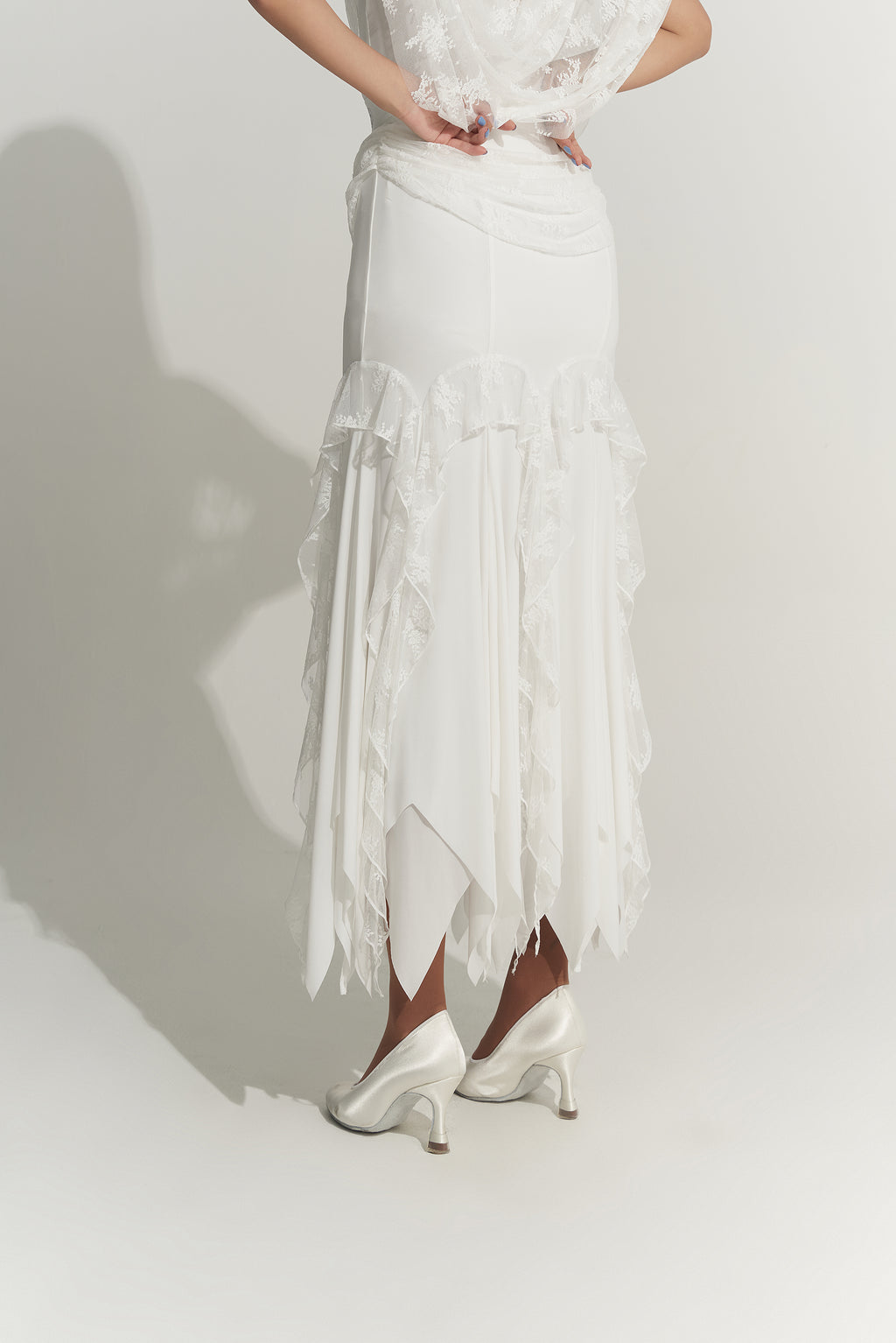 DANCE QUEEN 1008-2 Summer White Lace Ballroom Basic Practice Dancing Skirt