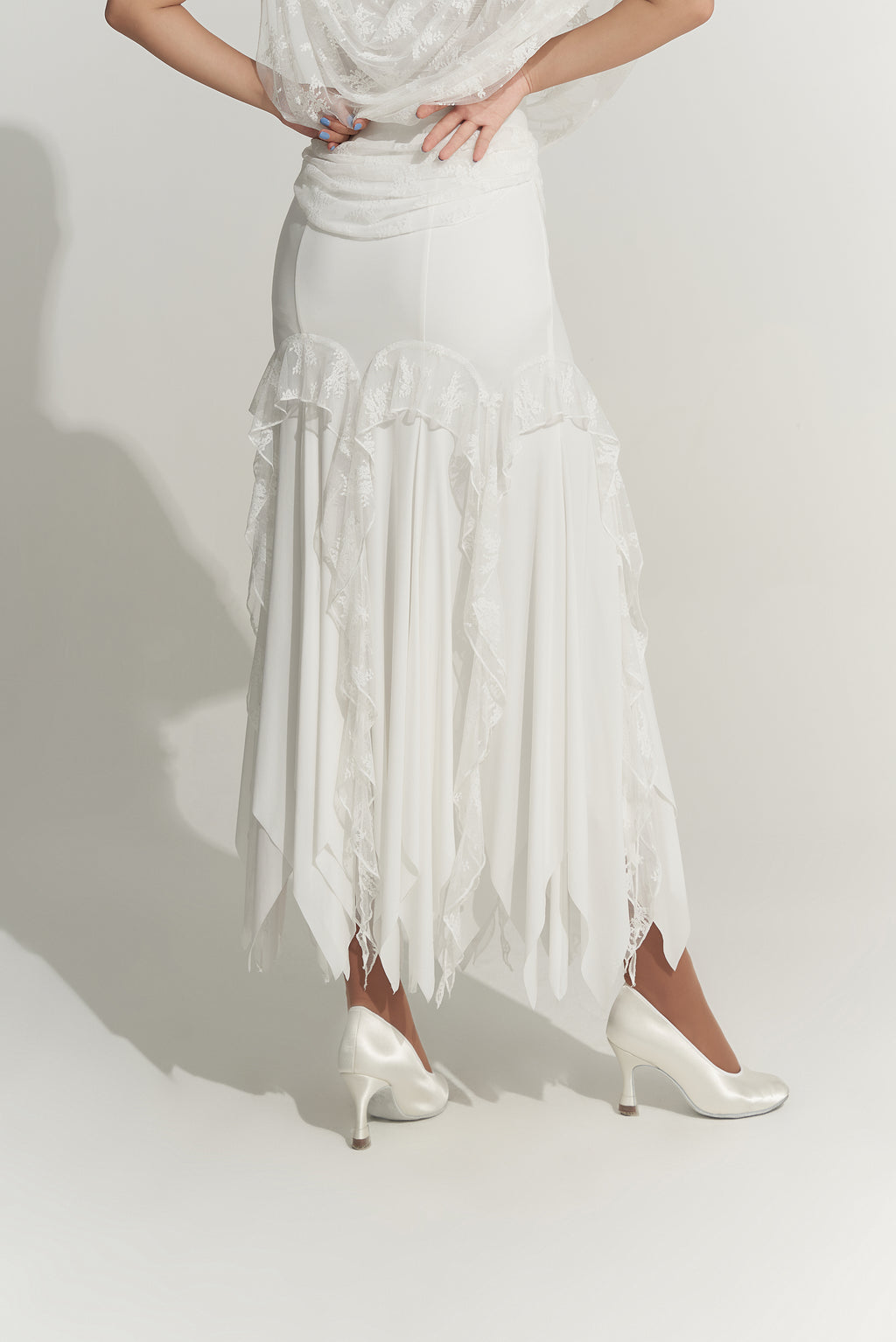 DANCE QUEEN 1008-2 Summer White Lace Ballroom Basic Practice Dancing Skirt