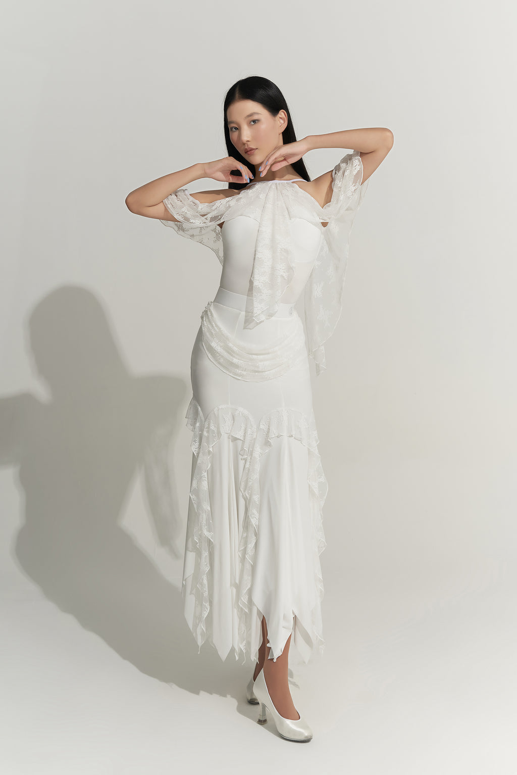 DANCE QUEEN 1009-2 Off Shoulder White lace Comfortable Ballroom Practice Leotard