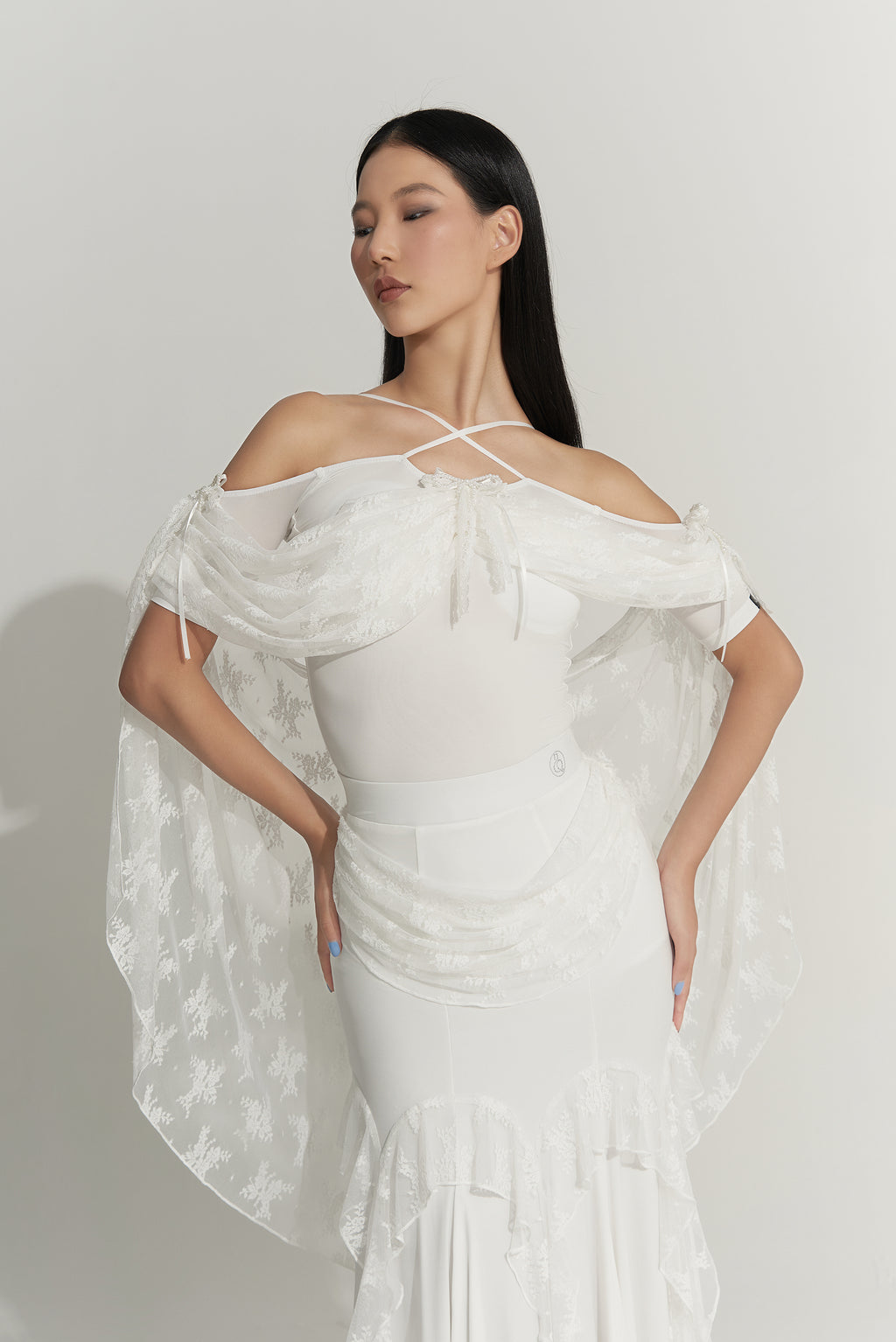 DANCE QUEEN 926-3 White Lace Float Off Shoulder Flower Ballroom Practice Leotard