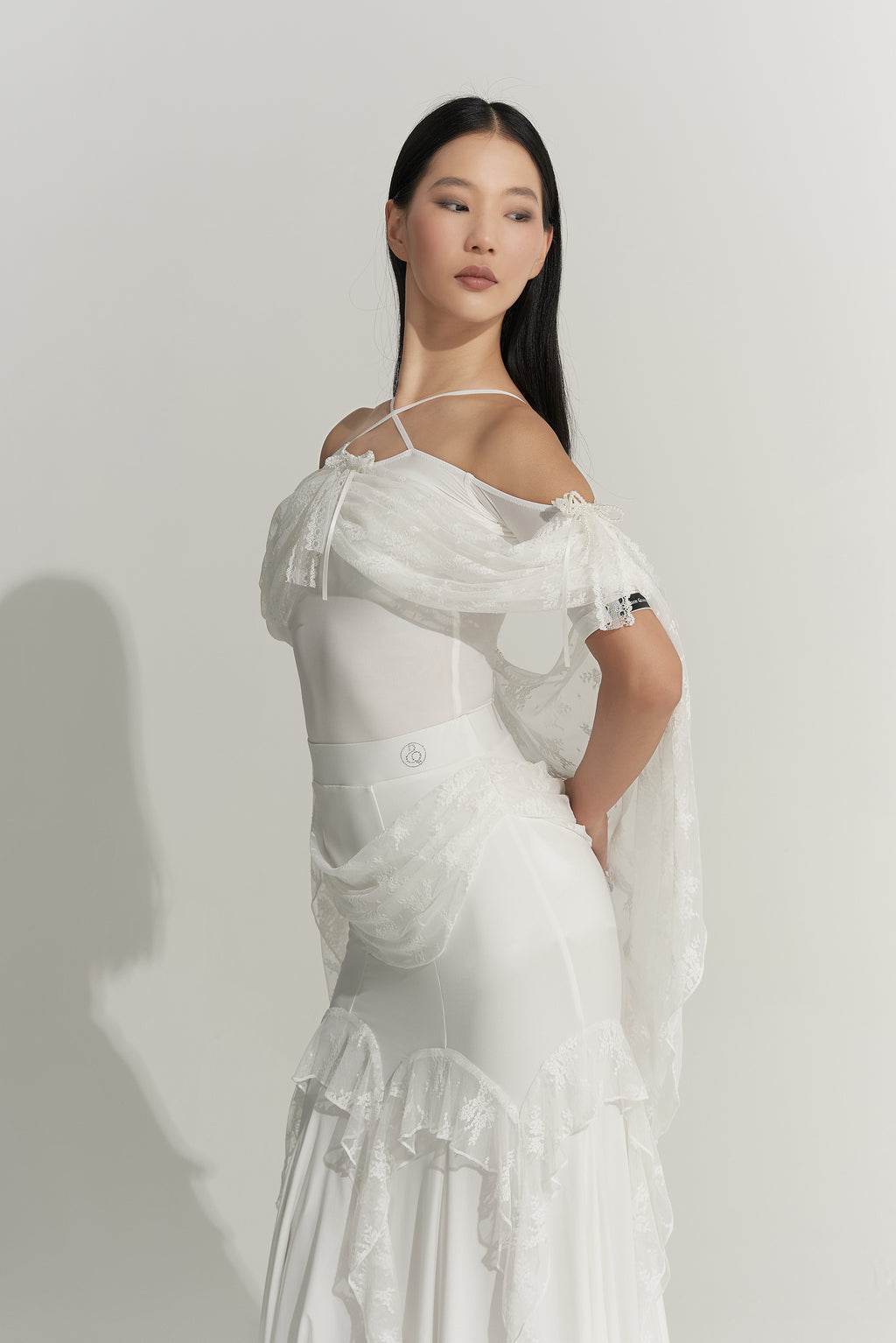 DANCE QUEEN 926-3 White Lace Float Off Shoulder Flower Ballroom Practice Leotard