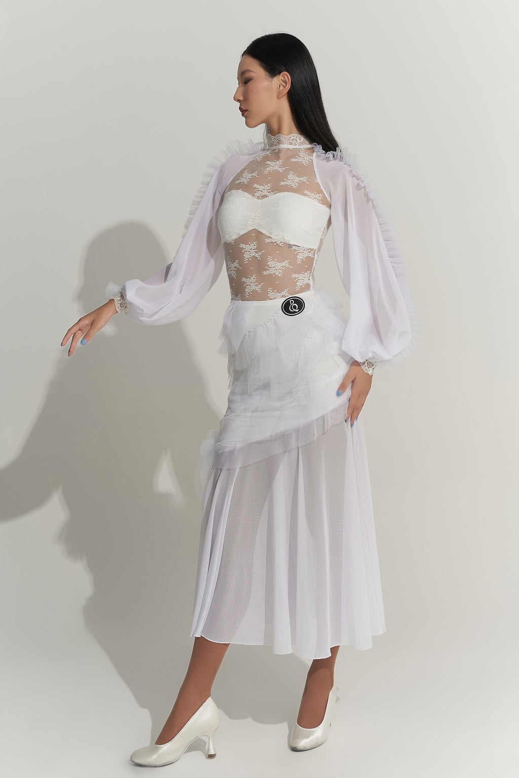DANCE QUEEN 1012-2 White lace Lantern Sleeve Stylish Ballroom Practice Leotard