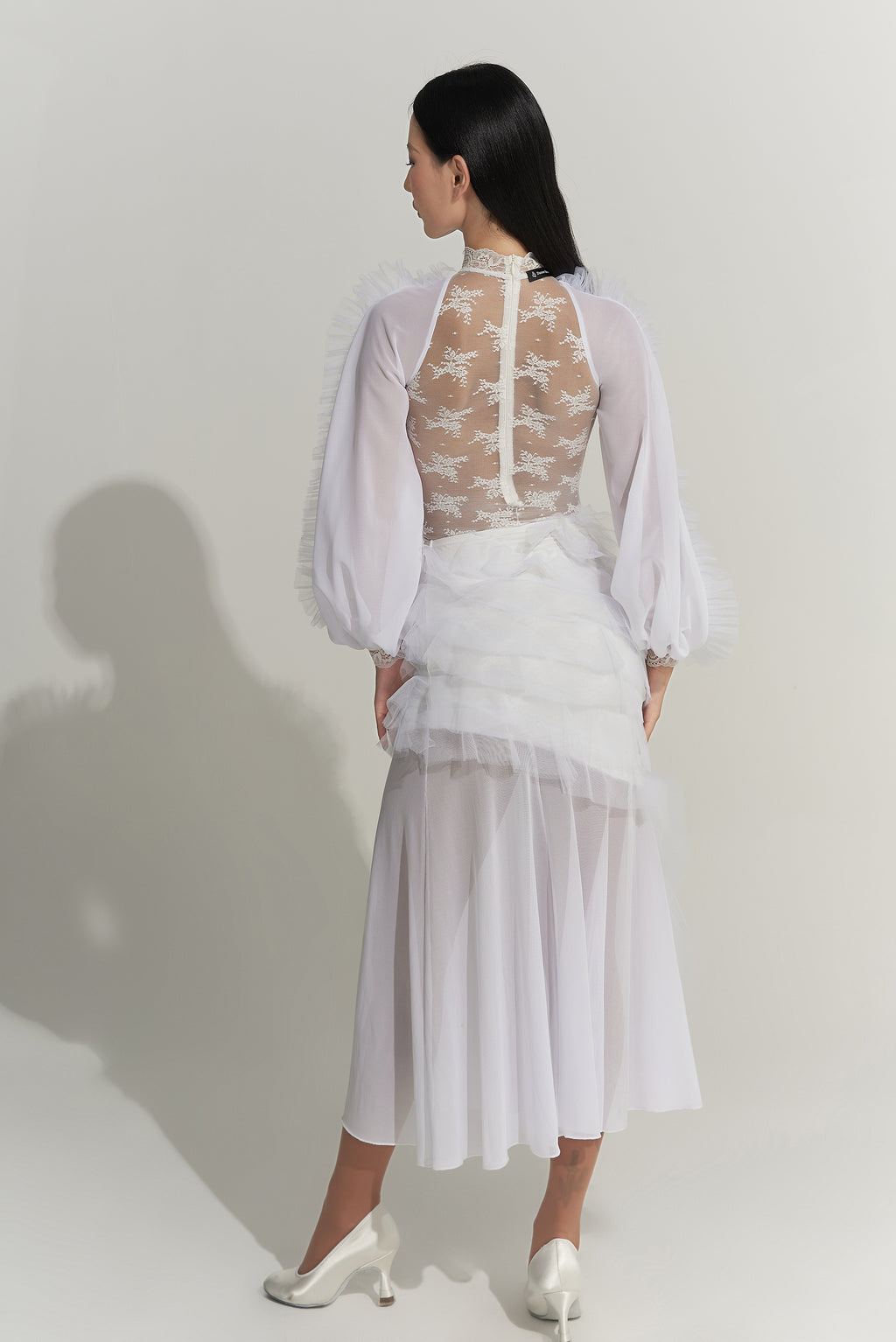 DANCE QUEEN 1012-2 White lace Lantern Sleeve Stylish Ballroom Practice Leotard