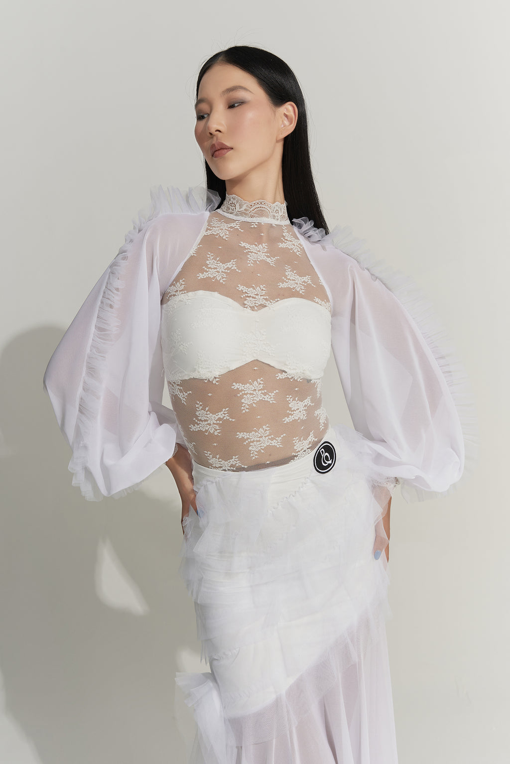 DANCE QUEEN 1012-2 White lace Lantern Sleeve Stylish Ballroom Practice Leotard