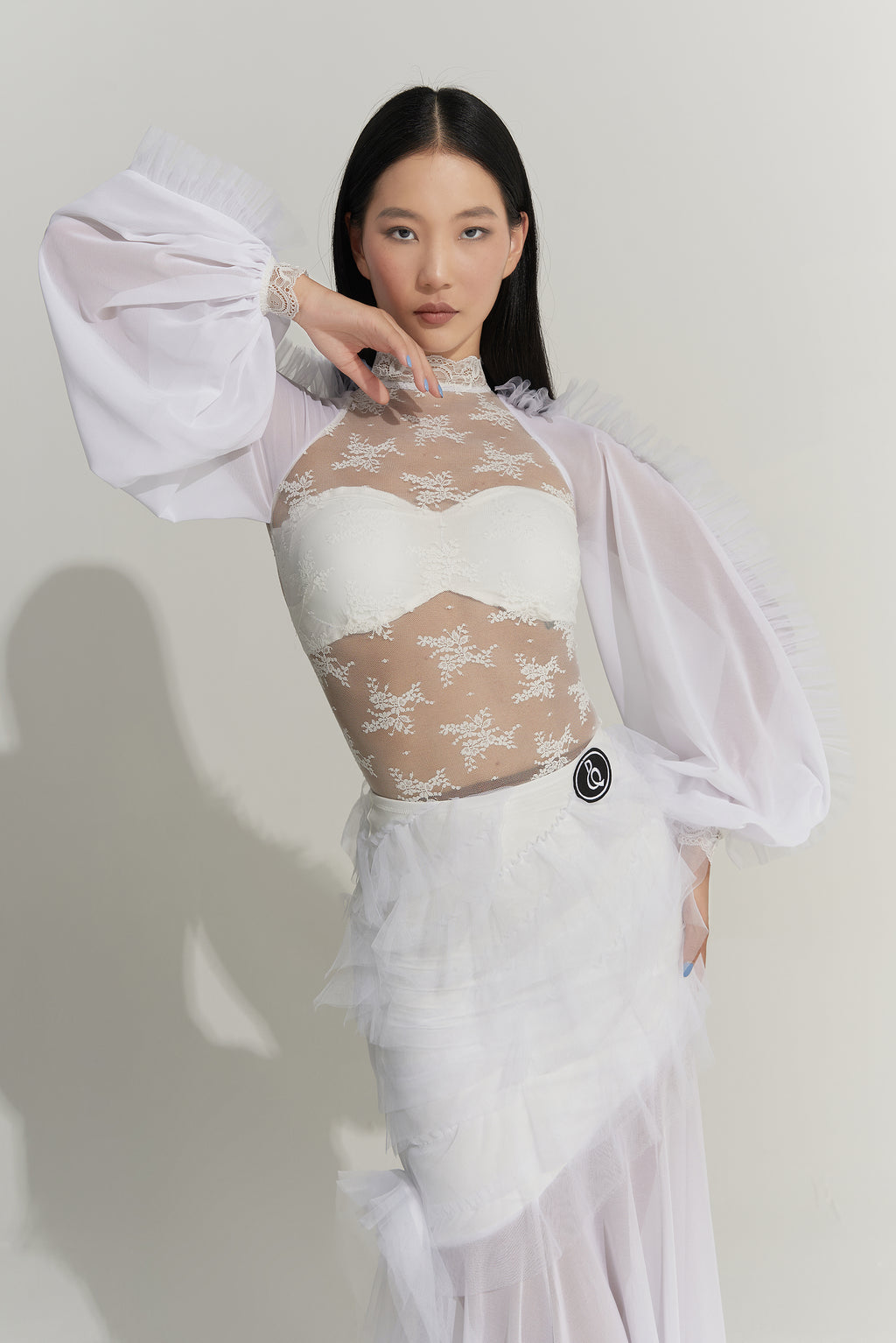 DANCE QUEEN 1012-2 White lace Lantern Sleeve Stylish Ballroom Practice Leotard