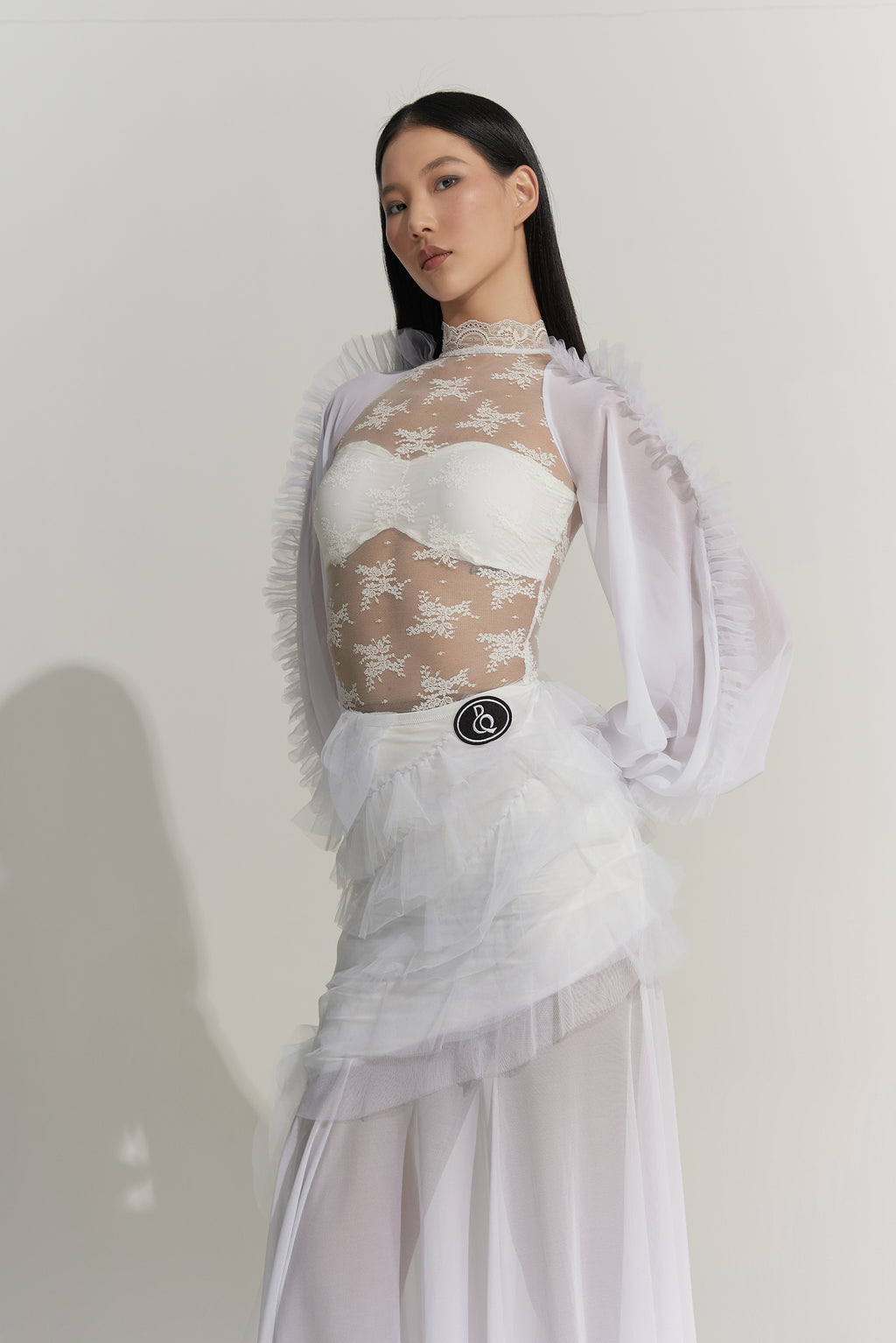DANCE QUEEN 1012-2 White lace Lantern Sleeve Stylish Ballroom Practice Leotard
