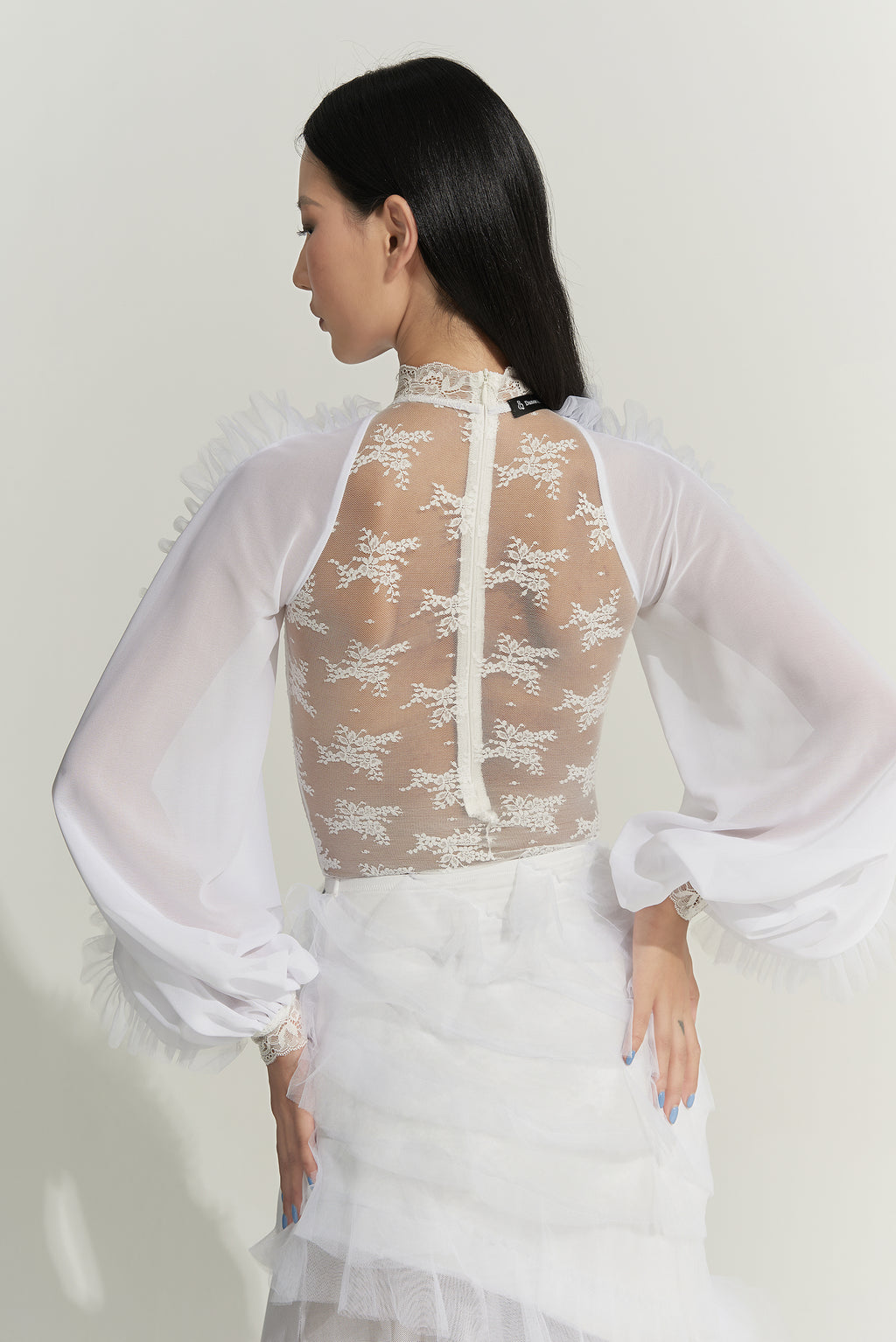 DANCE QUEEN 1012-2 White lace Lantern Sleeve Stylish Ballroom Practice Leotard
