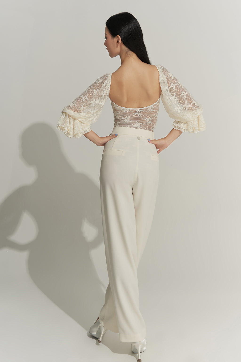 DANCE QUEEN 433-7 Cream Lantern Sleeve Ballroom Practice Leotard