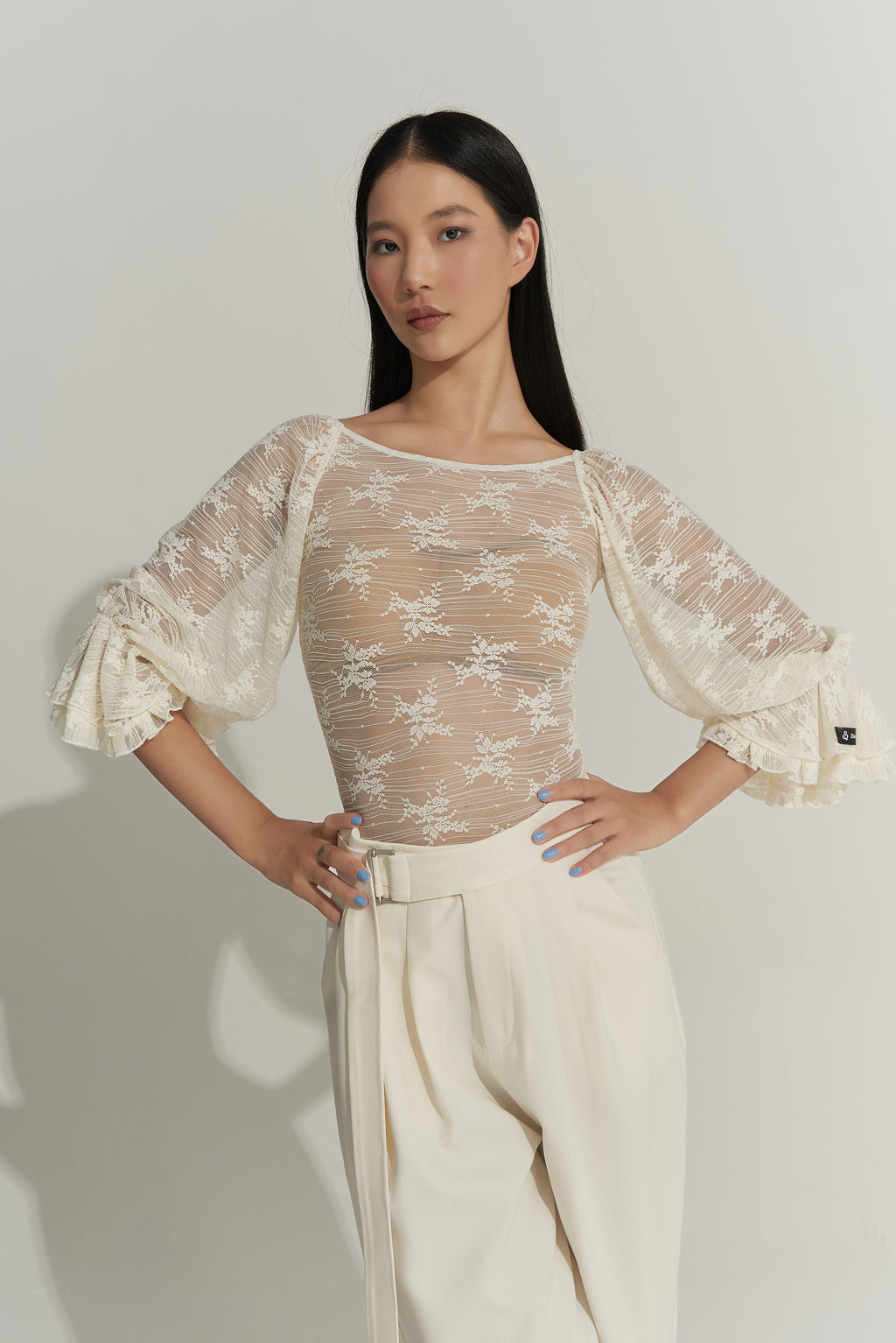 DANCE QUEEN 433-7 Cream Lantern Sleeve Ballroom Practice Leotard