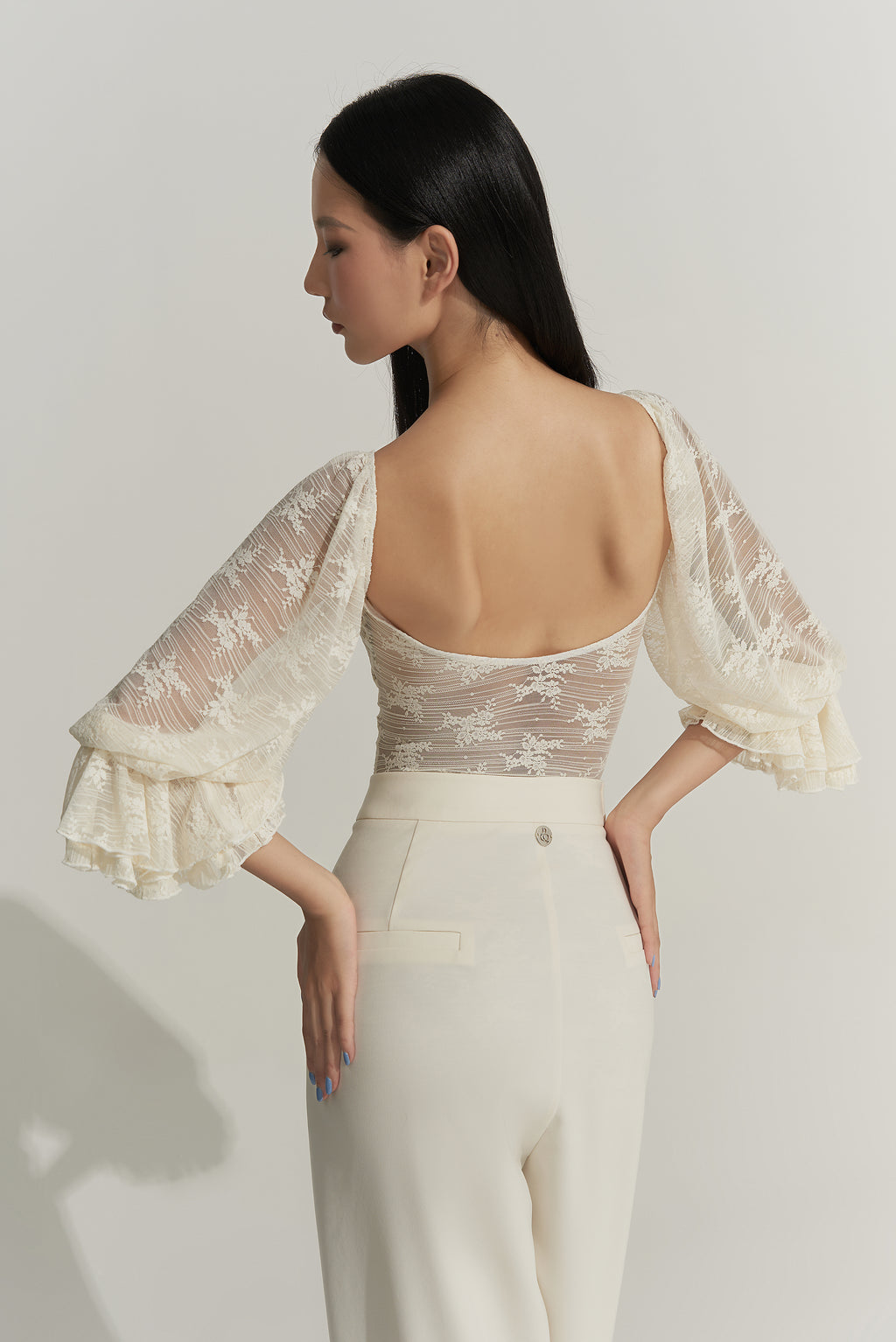 DANCE QUEEN 433-7 Cream Lantern Sleeve Ballroom Practice Leotard