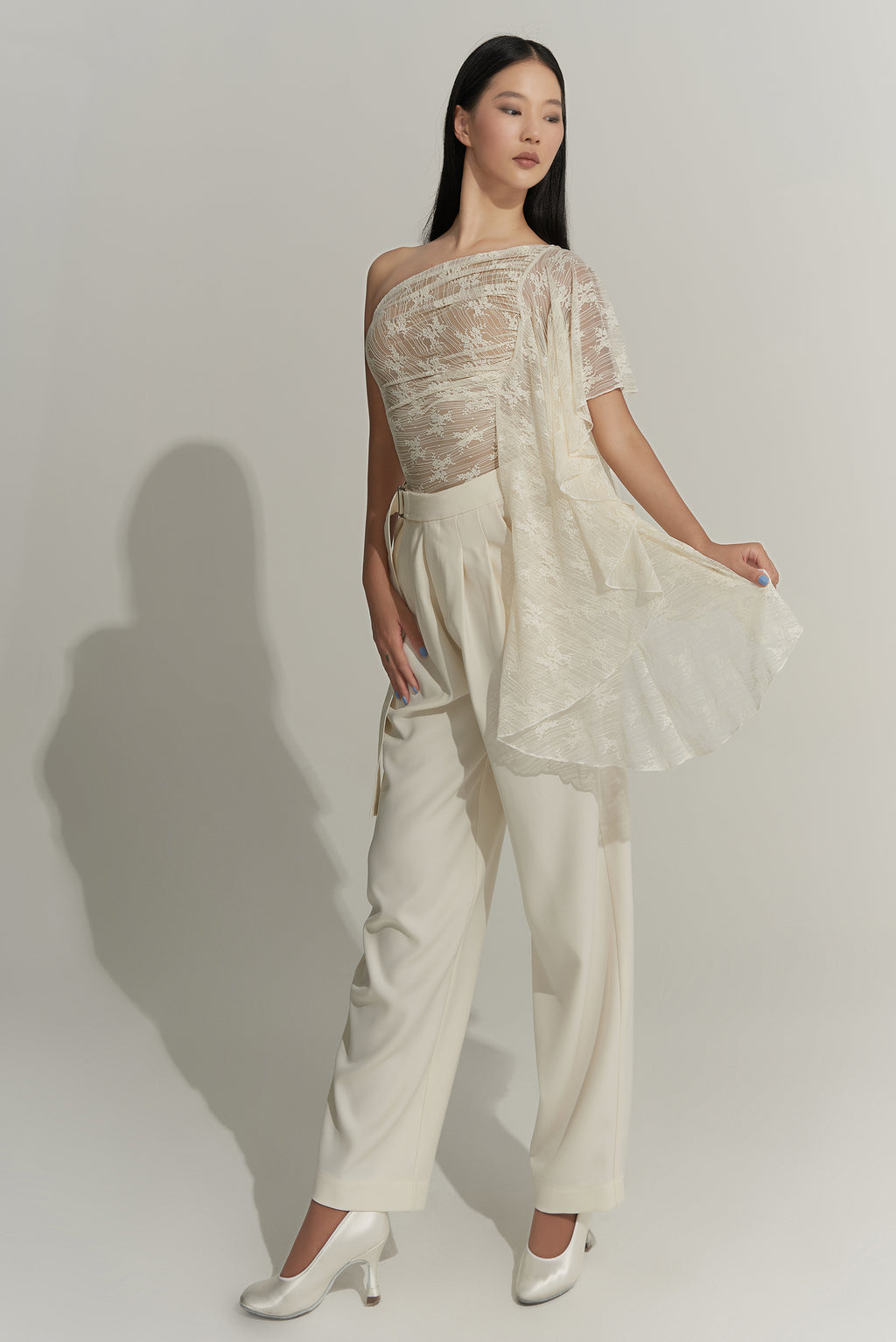 DANCE QUEEN 703-8 Cream Lace Sloping Shoulder Summer Ballroom Practice Dancing Leotard